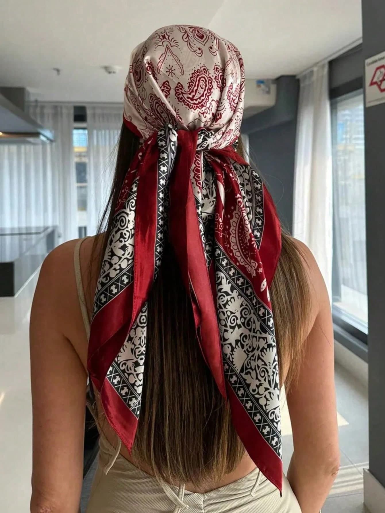 1pc Women's Black & White Paisley Print Scarf, 90cm Large Satin Square Scarf, Silky Soft Touch, Can Be Used As Headband Or Neck Scarf