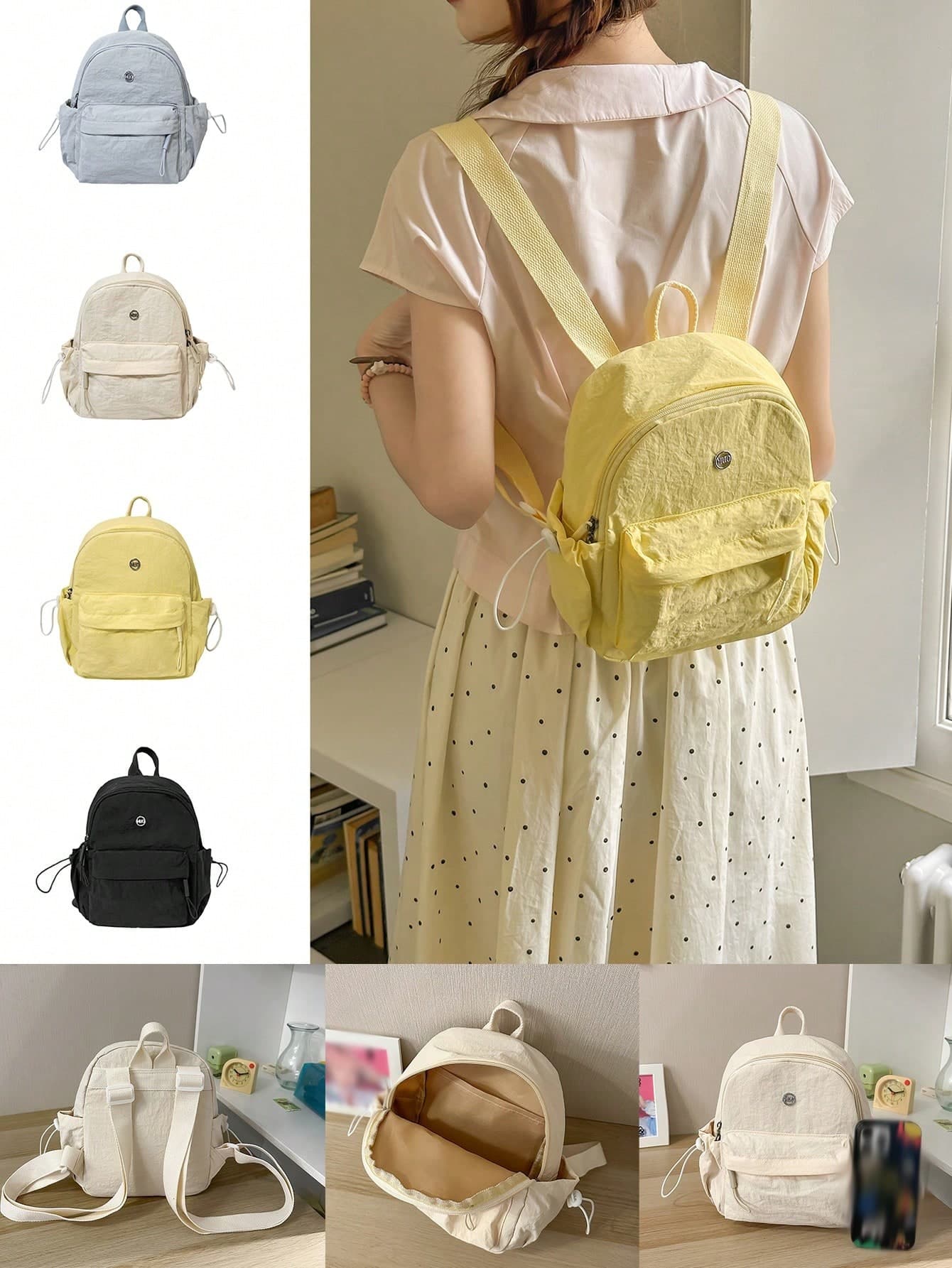 Women's Mini Lightweight Nylon Backpack, Multi-Color Casual Daypack With Front Pocket & Drawstring Side Pockets For Daily Use