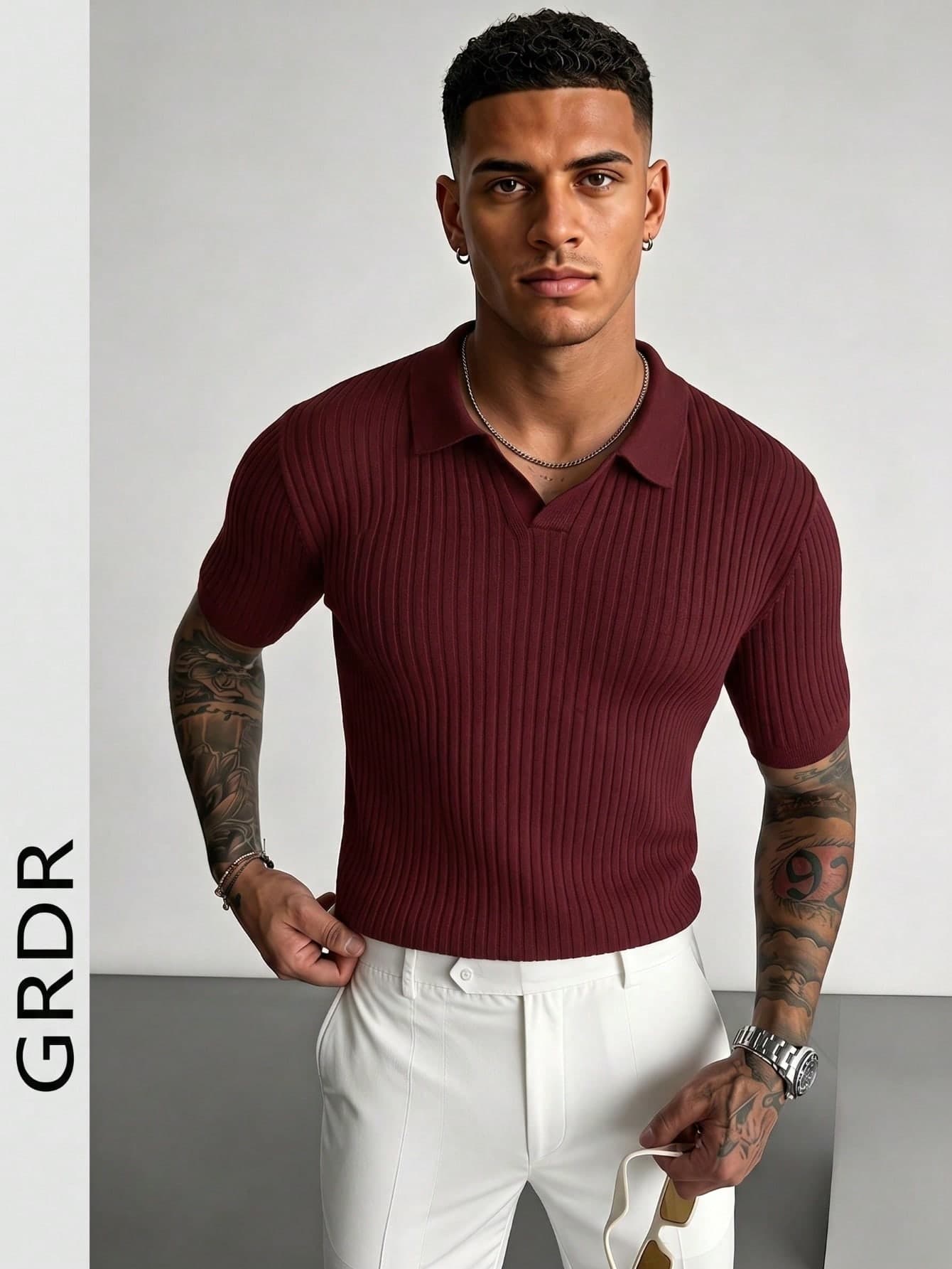 GRDR Men's Summer Solid Color Polo Collar Short Sleeve Knit Sweater, Suitable For Summer Outings, Essential For Fashionable Styling