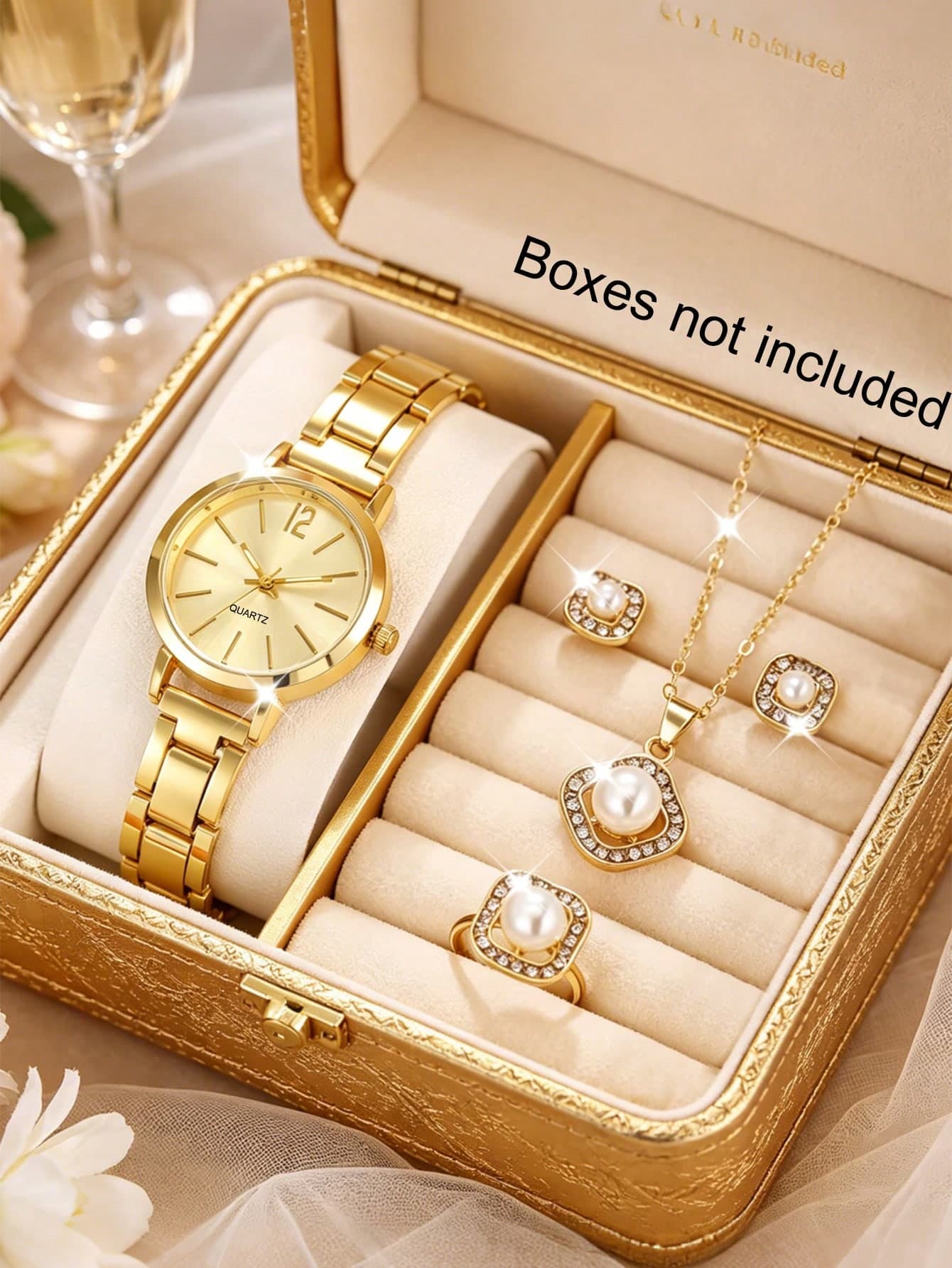 1pc/5pcs Set New Women's Small Round Dial Watch With Alloy Strap, Premium Romantic Accessory With Square Pearl, Rhinestone And Zirconia Pendant Jewelry Set, Suitable For Daily Wear, Holiday Gift, Valentine's Day, Mother's Day, Coming Of Age, Student College Silent Watch, Christmas, New Year Gift, College Style Back To School Season