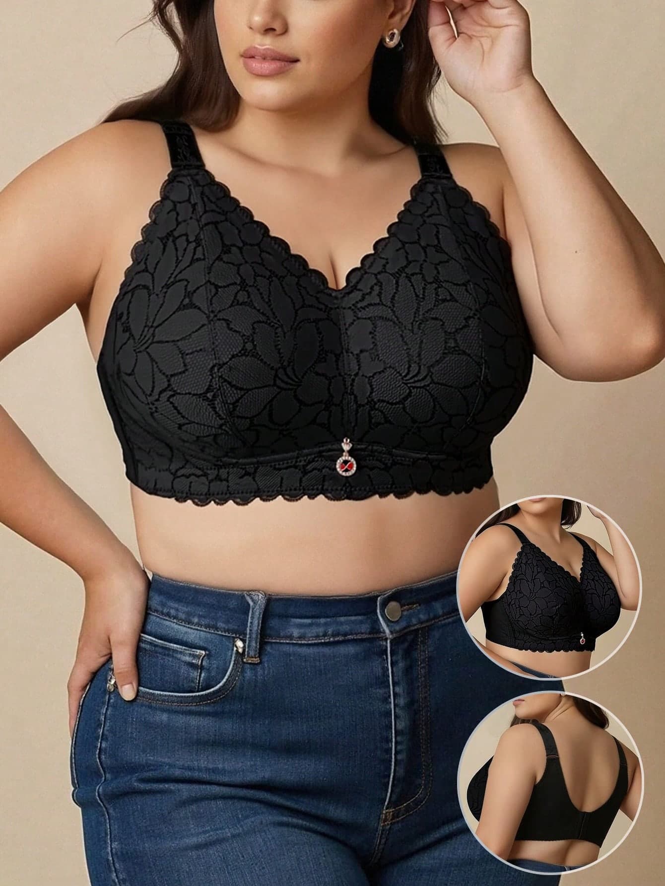 Plus Size Women French Romantic Lace Sexy Bra, Lightweight Slimming Lift & Support Wireless Bra, Suitable For Spring/Summer