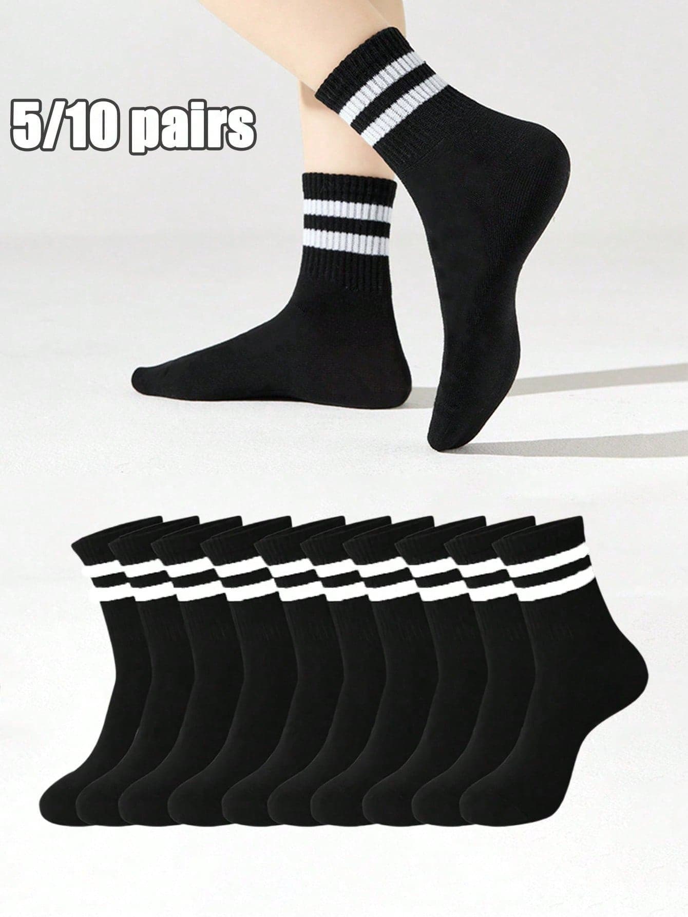 10 Pairs Unisex Soft Comfortable Striped Black Mid-Calf Socks, Suitable For Daily Wear, Outdoor, Casual Sports, Loafers, Sneakers, All Seasons, Suitable For Holidays, Sports, Casual, Business And Daily Wear, Student Sports Long Socks, Double Striped Mid-Calf Socks, Gift Socks (1/3/5/10 Pairs)