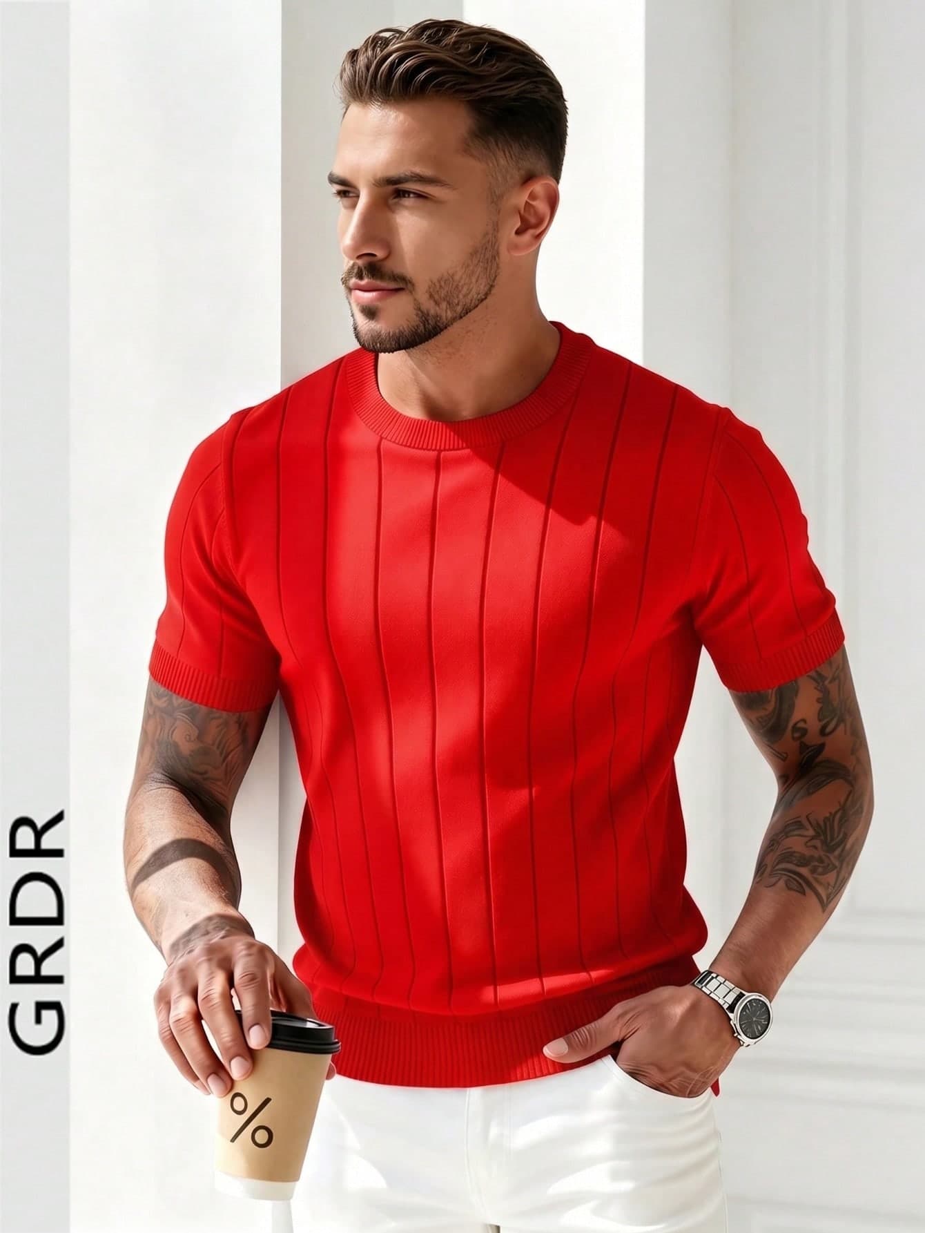 GRDR Men's Summer Ribbed Crew Neck Lightweight Knit Short Sleeve Sweater