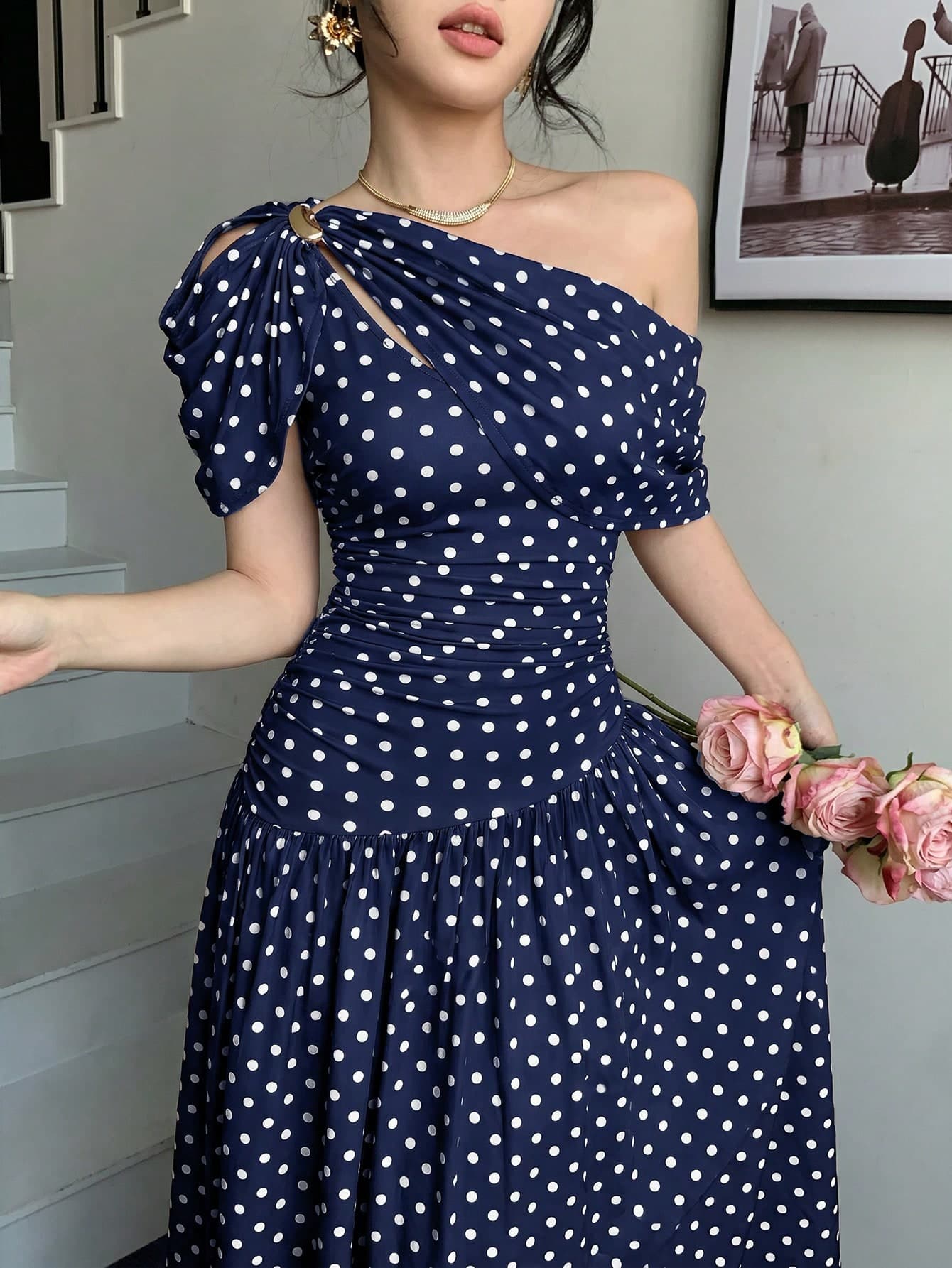abyoxi Women's Navy Blue Polka Dot One-Shoulder Ruched Waist Fitted Flare Long Dress, Elegant Fashion, Suitable For Party, Date, Holiday, Wedding, Formal Occasion, Evening Banquet, Teacher's Day, Mother's Day, Graduation Ceremony, Slim Fit Elastic Summer Dress
