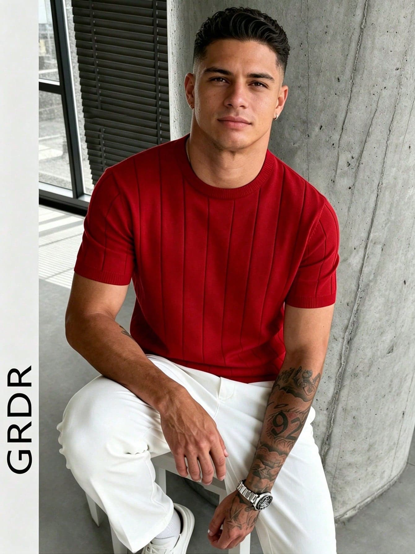 GRDR Men's Loose Thin Ribbed Crew Neck Knit Short Sleeve Sweater, Summer