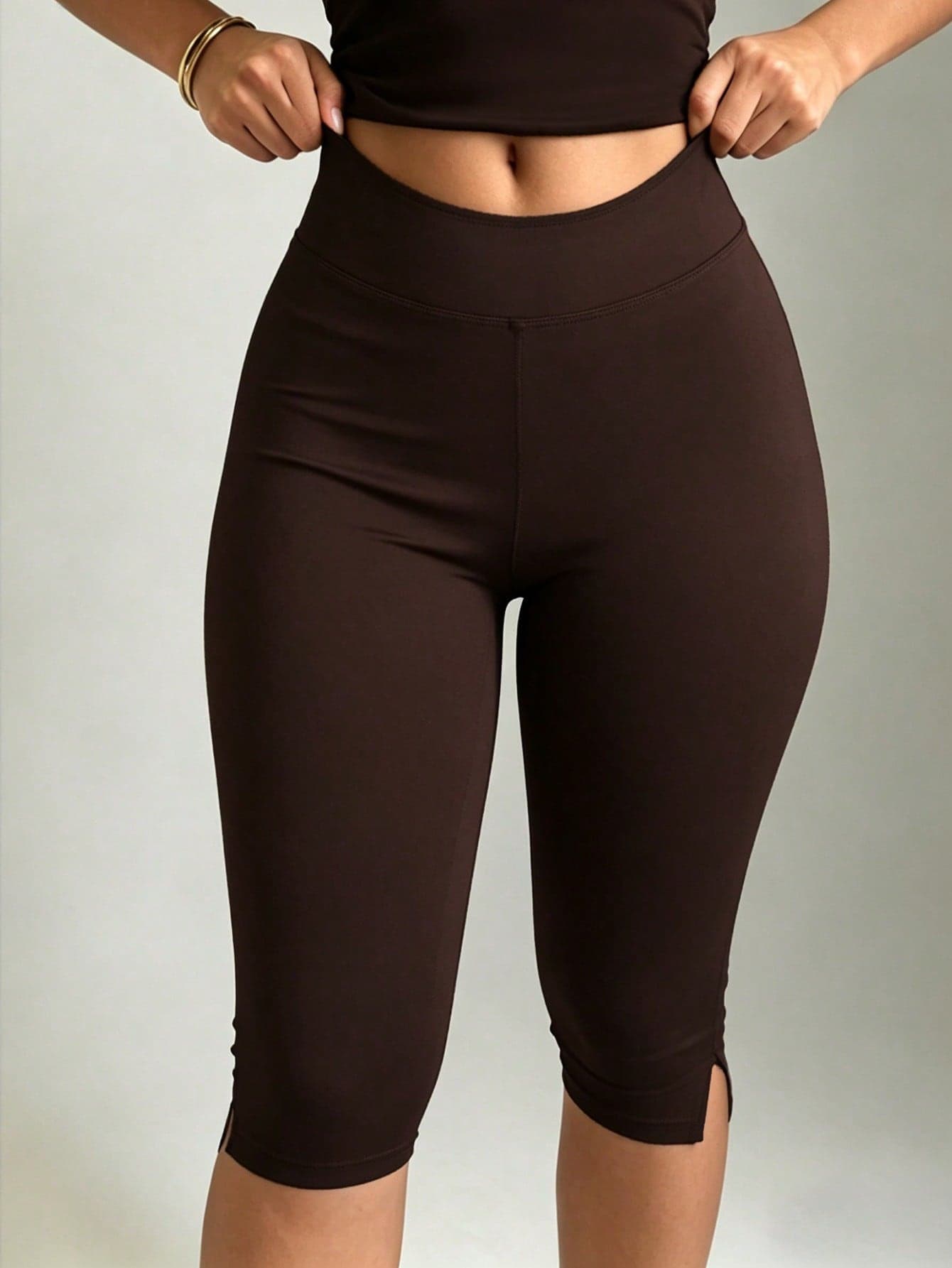 XLLAIS Women's Brown Elastic Casual Sports Fitness Capri Pants With Split Hem, Summer, Athleisure