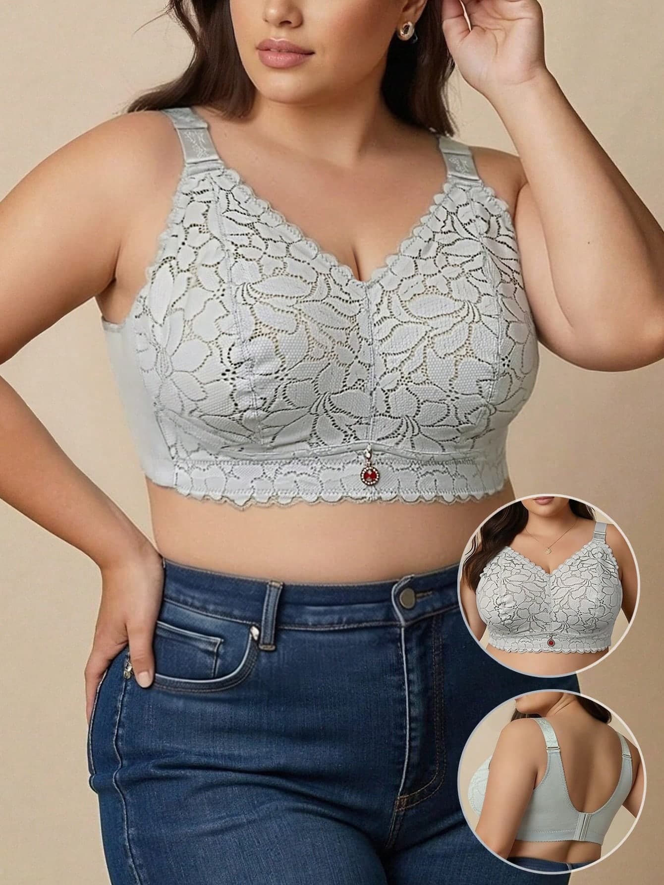 Plus Size Women Romantic French Lace Sexy Lingerie, Thin, Flattering, Wireless, Lift And Support Bra For Big Bust, Spring/Summer