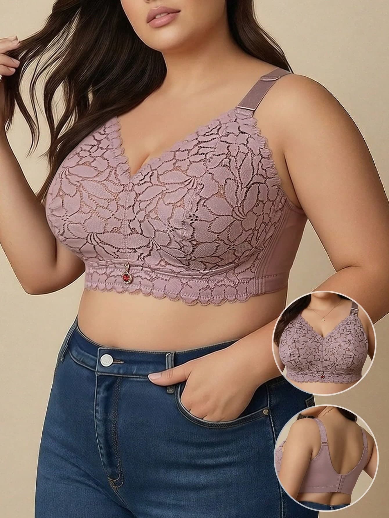 Plus Size Women French Romantic Lace Sexy Lingerie, Thin Smooth Bust-Enhancing Wireless Bra, Suitable For Spring And Summer