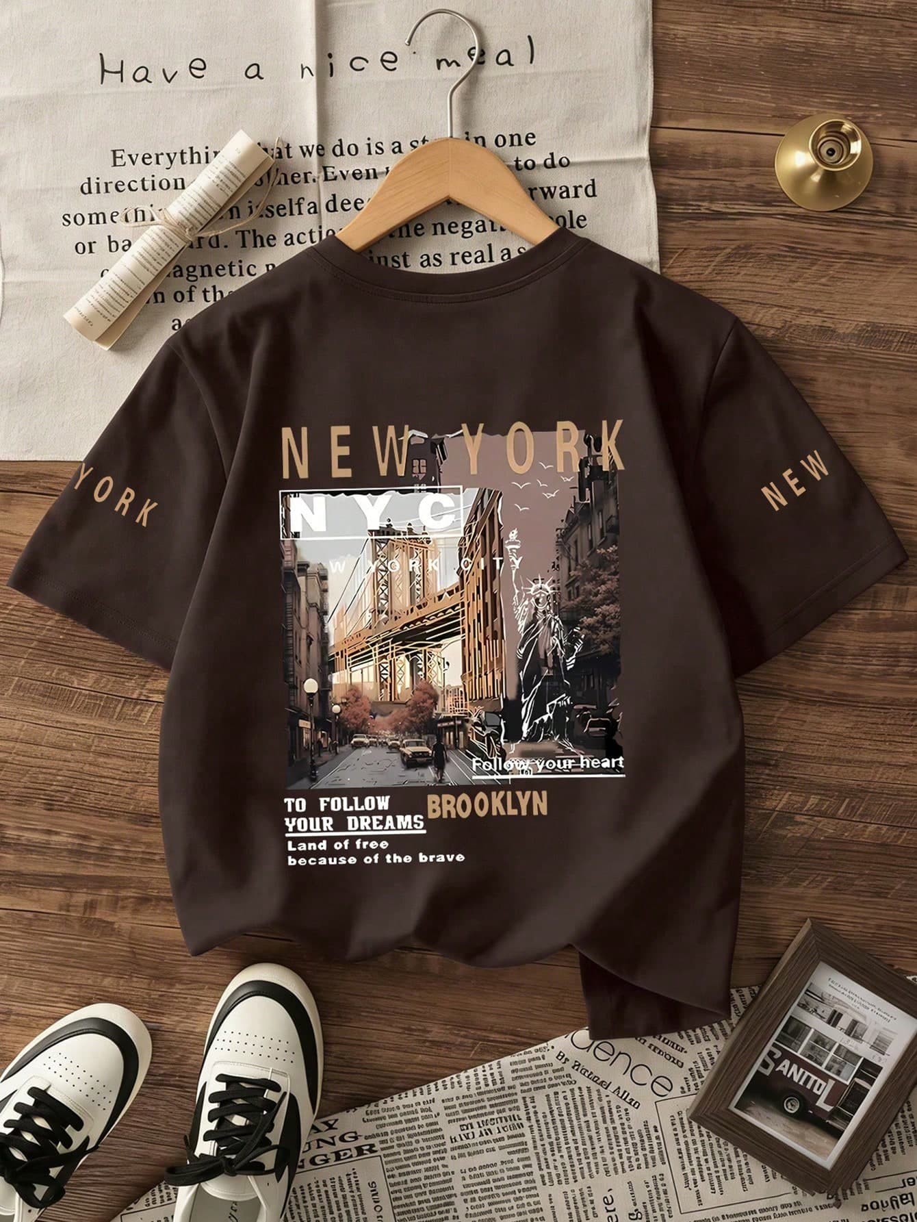 Teenager Boys' New York City Graphic Round Neck T-Shirt, Comfortable & Fashionable Casual New Style, Spring/Summer