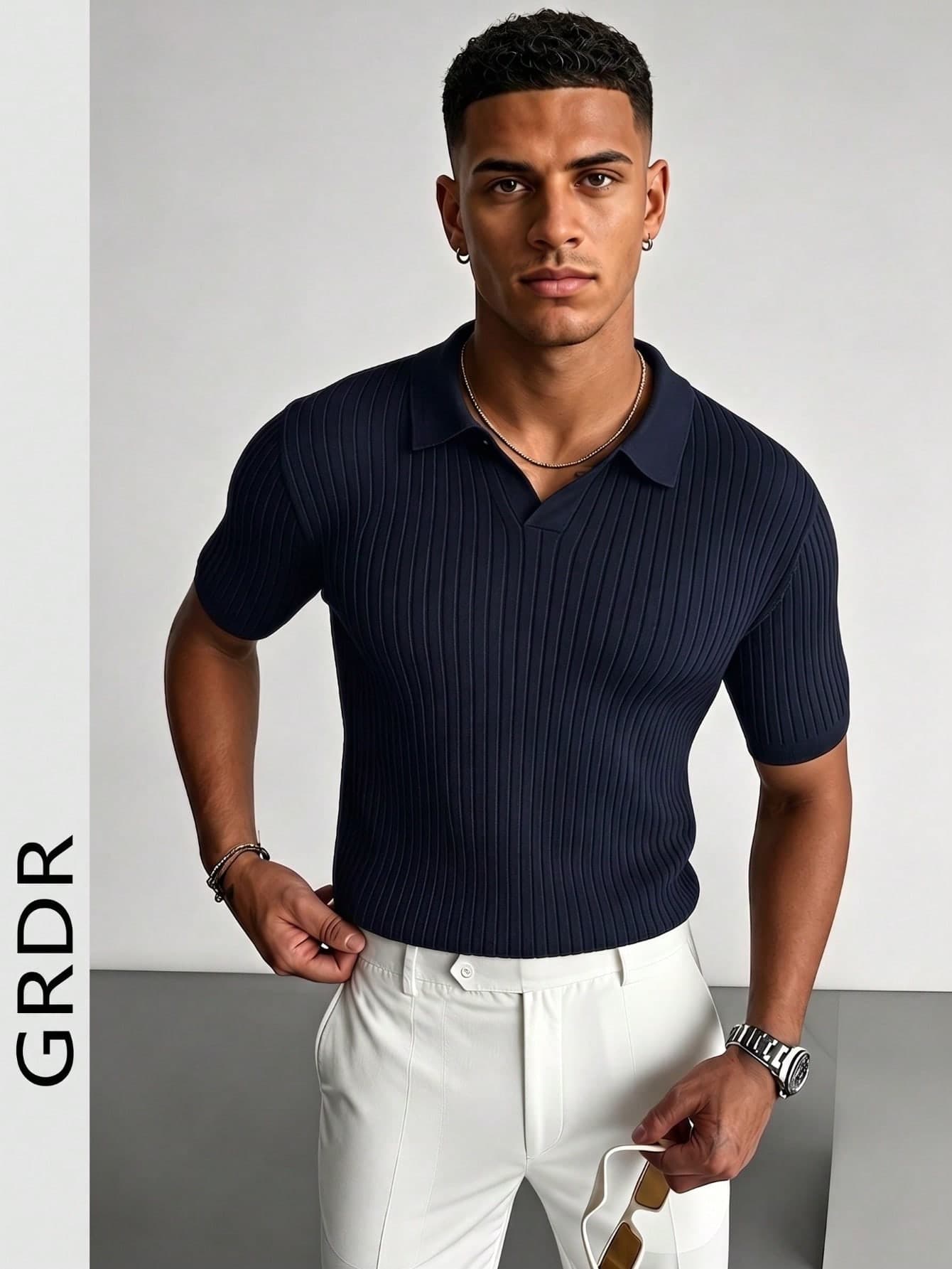GRDR Men's Summer Solid Color Polo Collar Short Sleeve Knit Sweater, Suitable For Summer Outings, Essential For Fashionable Styling