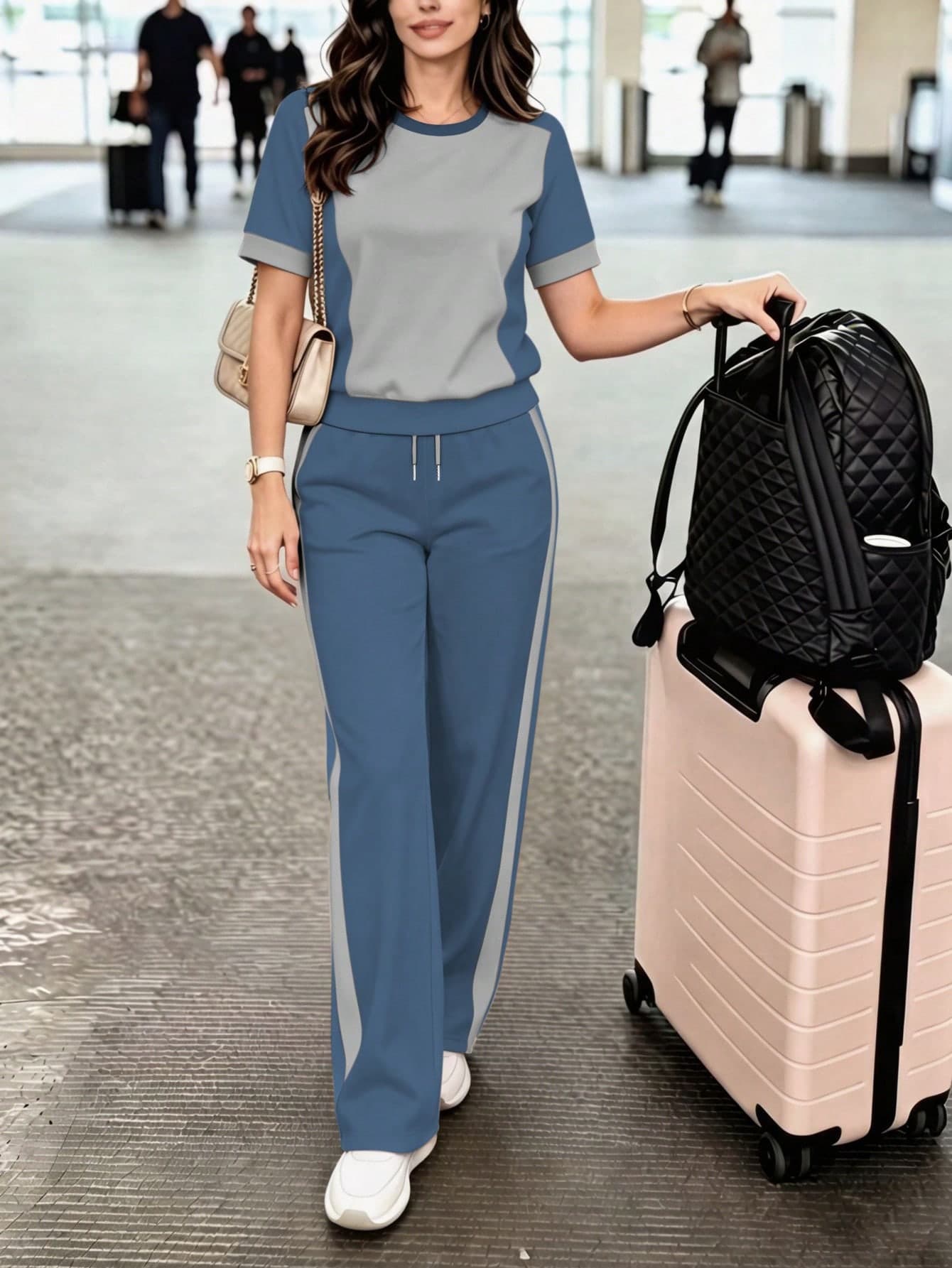Spring/Summer Women's New Casual Versatile Colorblock Preppy Style Round Neck Short Sleeve Top And High-Waist Loose Straight Leg Long Pants 2-Piece Set, T-Shirt And Colorblock Long Pants Set, Vacation Wear, Travel Outfit, Beach Style, Minimalist Vacation Wear