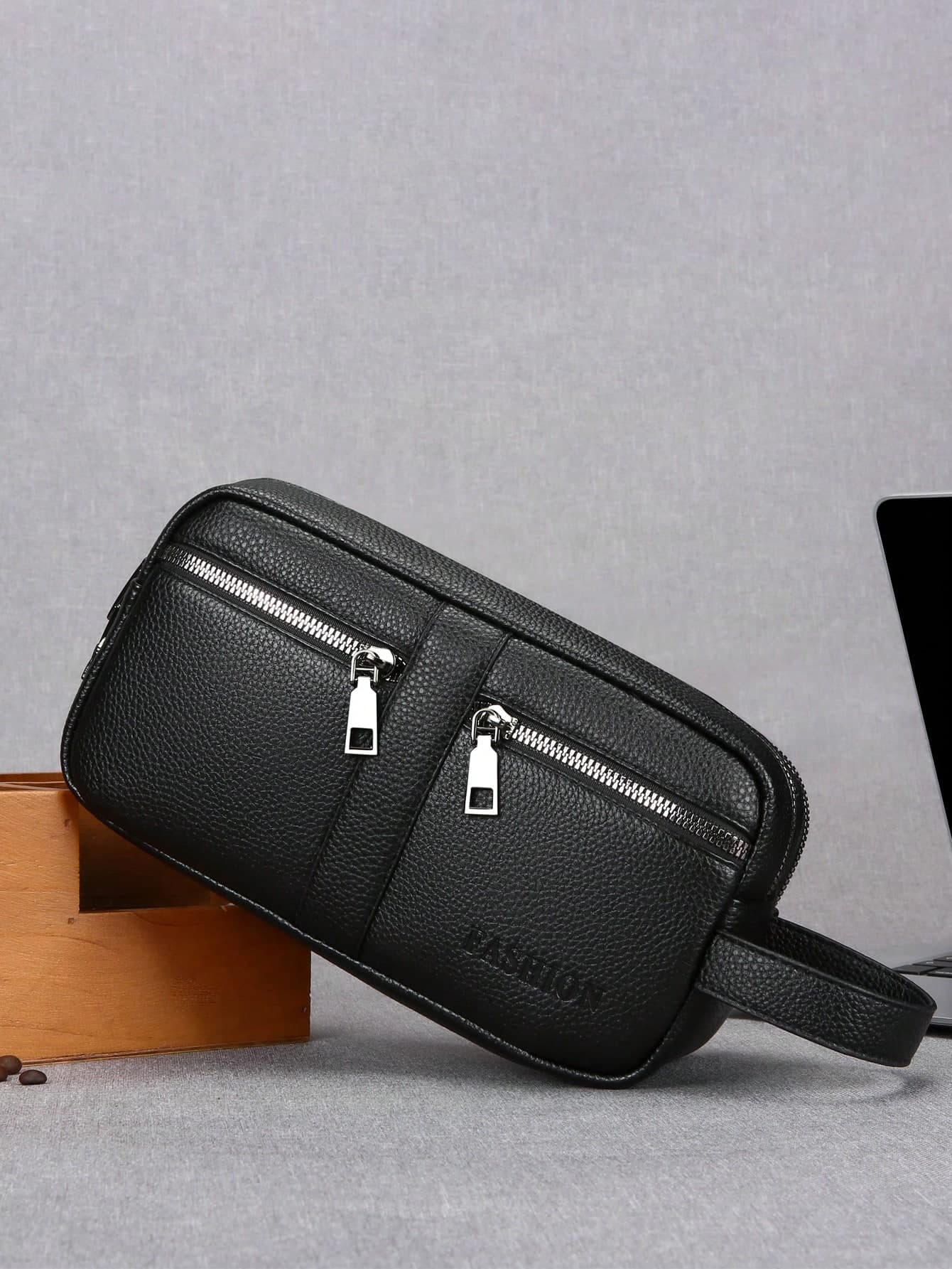 Fashion Litchi Grain Letter Print Dual Pocket Clutch Bag, Men's Portable Multi-Compartment Business Wrist Bag, Can Hold Phone, Wallet, Fashion Glasses, Earphones And Other Items, Suitable For Men's Business Commute, Business Trip, Shopping, Travel And More, Perfect For Father's Day Gift Exchange