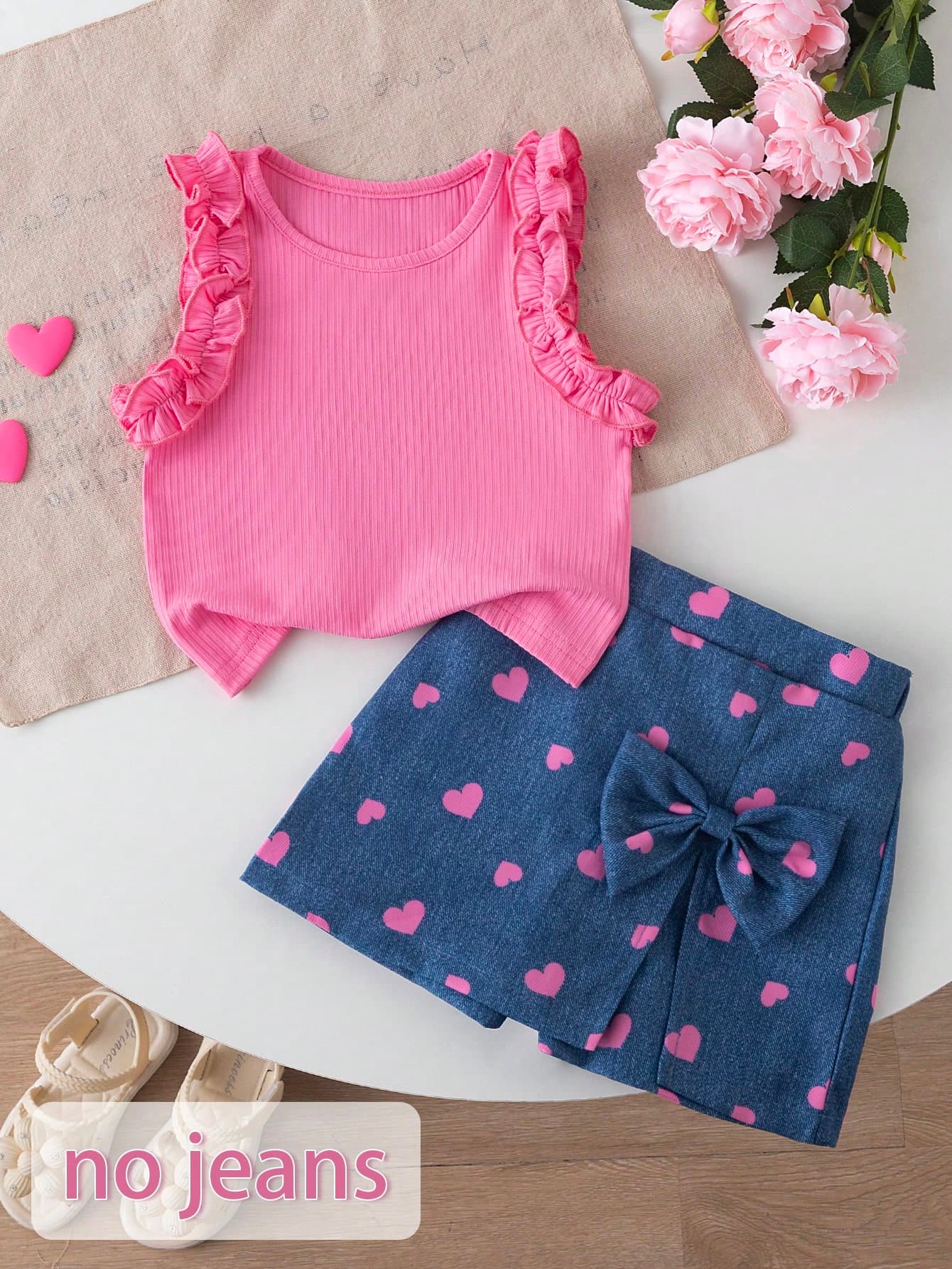 BASUSARRI [Faux Denim Fabric, 3D Print Effect]Heart Bow Skirt Shorts Ruffle Sleeve Round Neck Tank Top Ribbed Top Simple Sweet Style Cute Fashion Summer Girls Tank Top Set