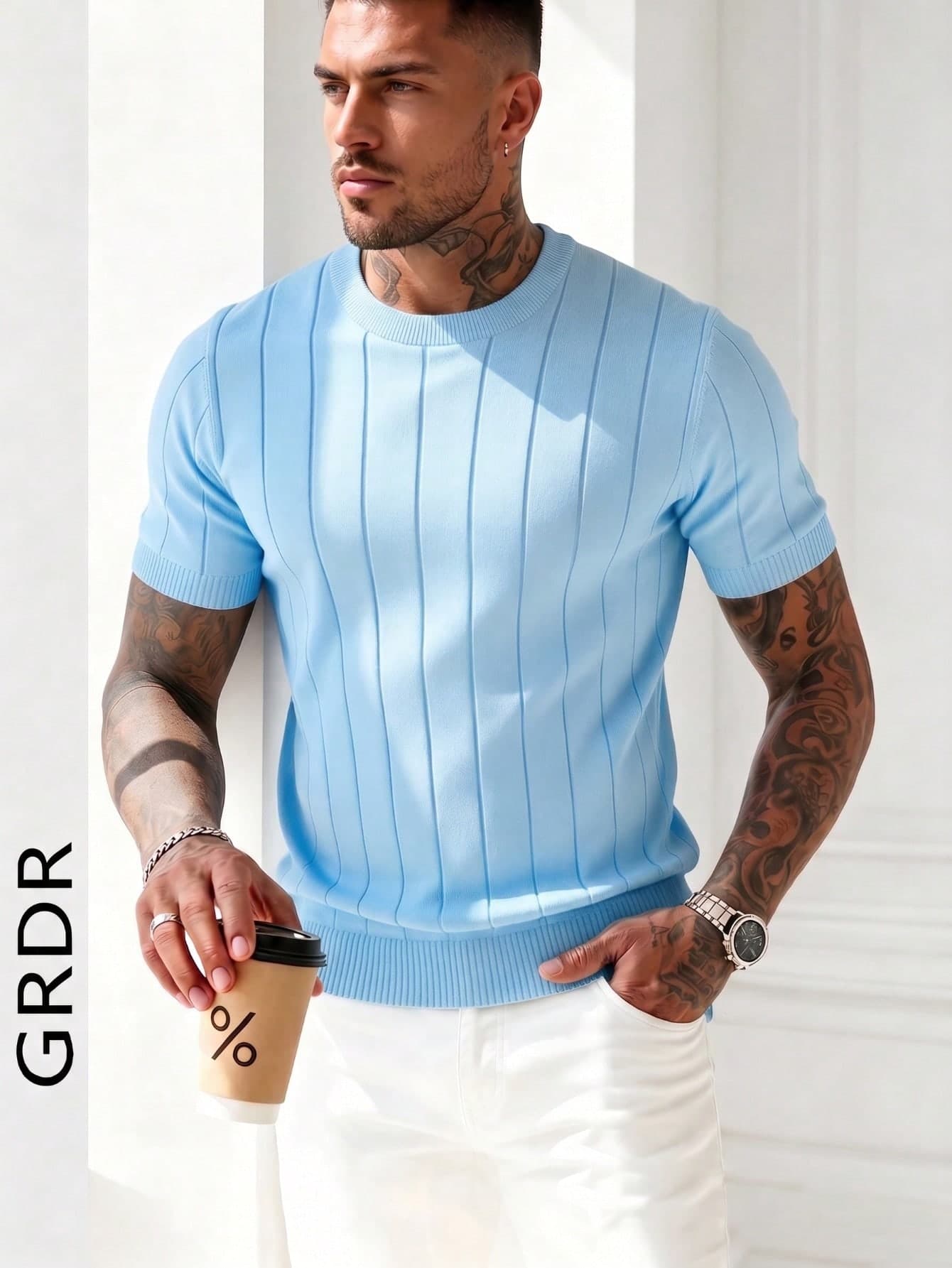 GRDR Men's Summer Ribbed Crew Neck Lightweight Knit Short Sleeve Sweater