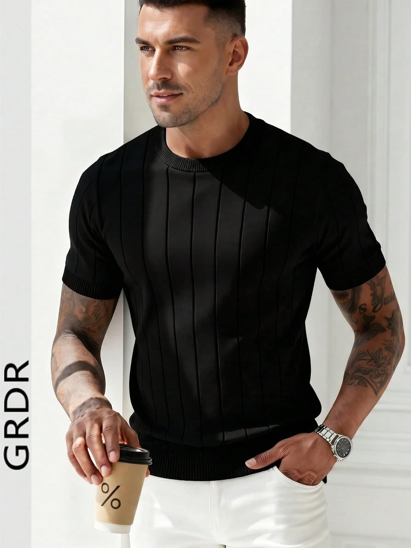 GRDR Men's Summer Ribbed Crew Neck Thin Loose Fit Knit Short Sleeve Sweater