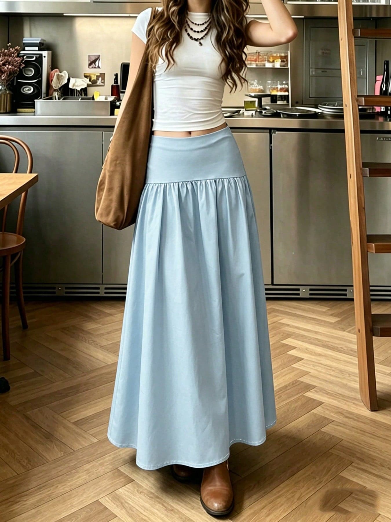 Elegant Casual Light Blue Mid-Length Skirt, Minimalist Casual, Gentle Feminine Style, Beach, Graduation Ball, Homecoming Dance, Atmospheric Outing Long Skirt, Autumn Daily Wear, Halloween, Birthday, Women's Elegant Skirt, Holiday, Vacation, Women's Casual Skirt