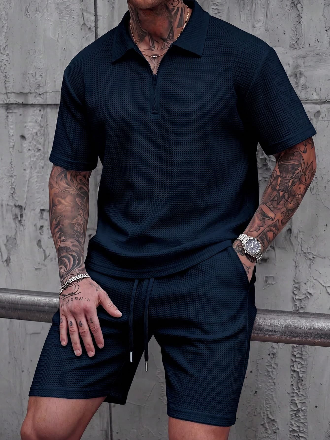 Men's Summer Retro Waffle Knit Casual Commute Minimalist Zip Polo & Drawstring Shorts 2 Pieces Set