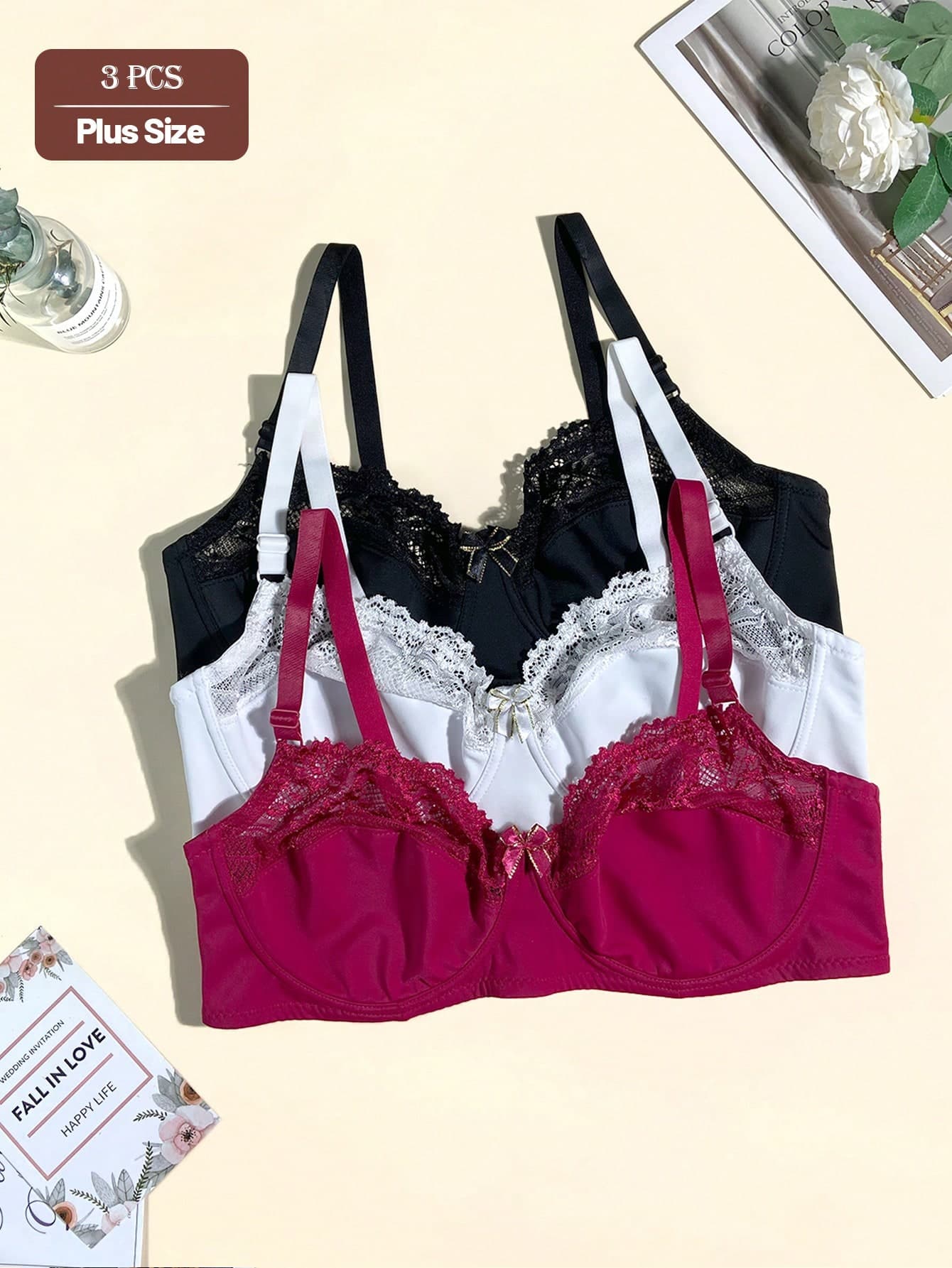 3pcs Sexy Contrast Lace Half Cup Push Up Bra Thin Side-Smoothing Bow With Gold Trim Plus Size Women's Bra