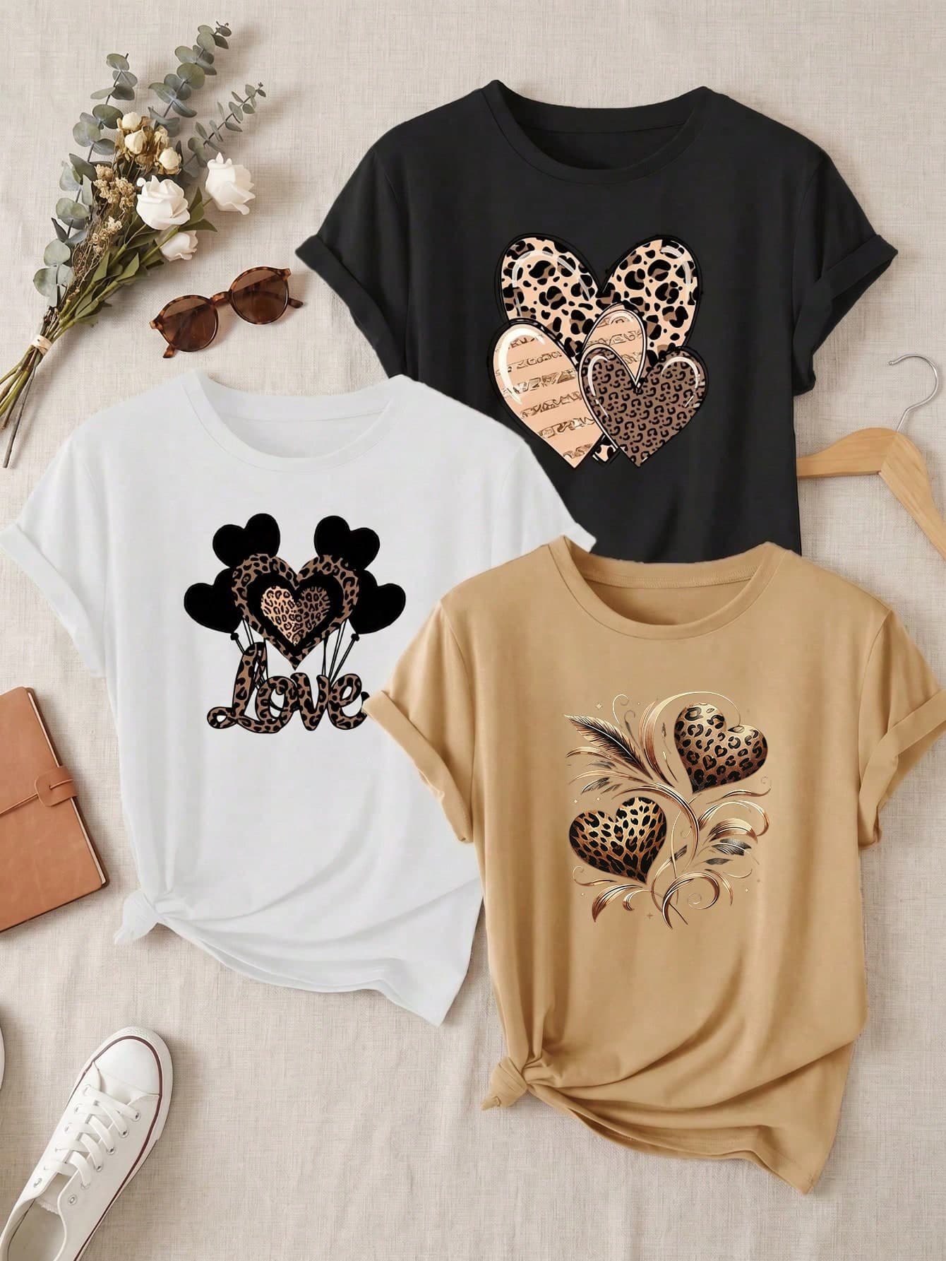 3pcs/Set Women's Casual Short Sleeve Round Neck T-Shirts - Printed Pattern, Soft & Comfortable Fabric, Machine Washable, Summer Tops