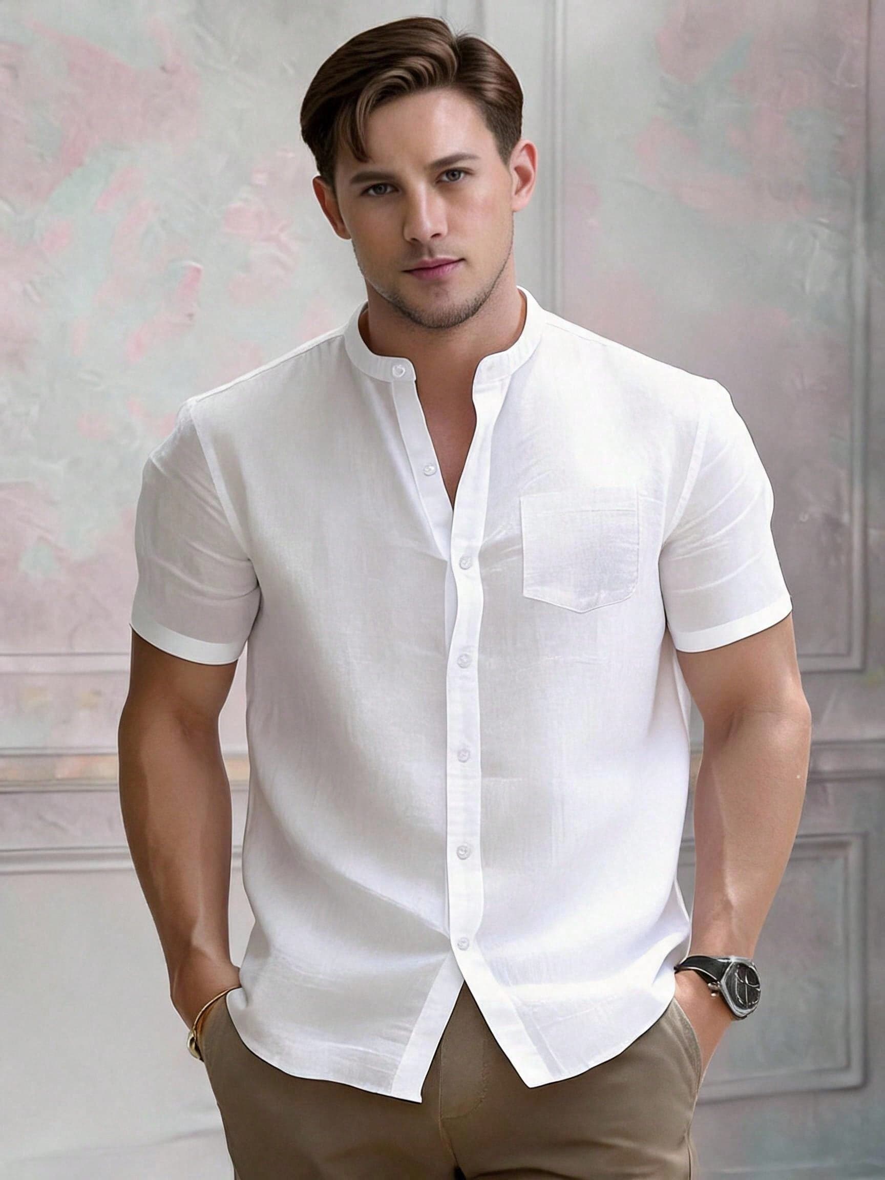 Men's Comfortable Short Sleeve Vintage Casual Shirt, Slim Fit Summer Top