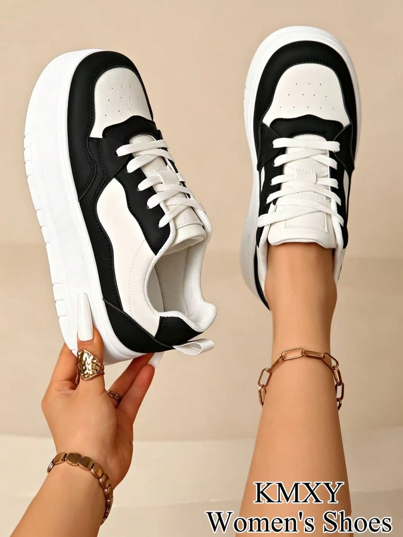 KMXY Women's Fashion Casual Sports White Sneakers 2025 Spring New Style Versatile Niche Student Outdoor Lightweight Thick Platform Shoes Couple Style Daily Commute Durable Anti-Dirt Women's Shoes