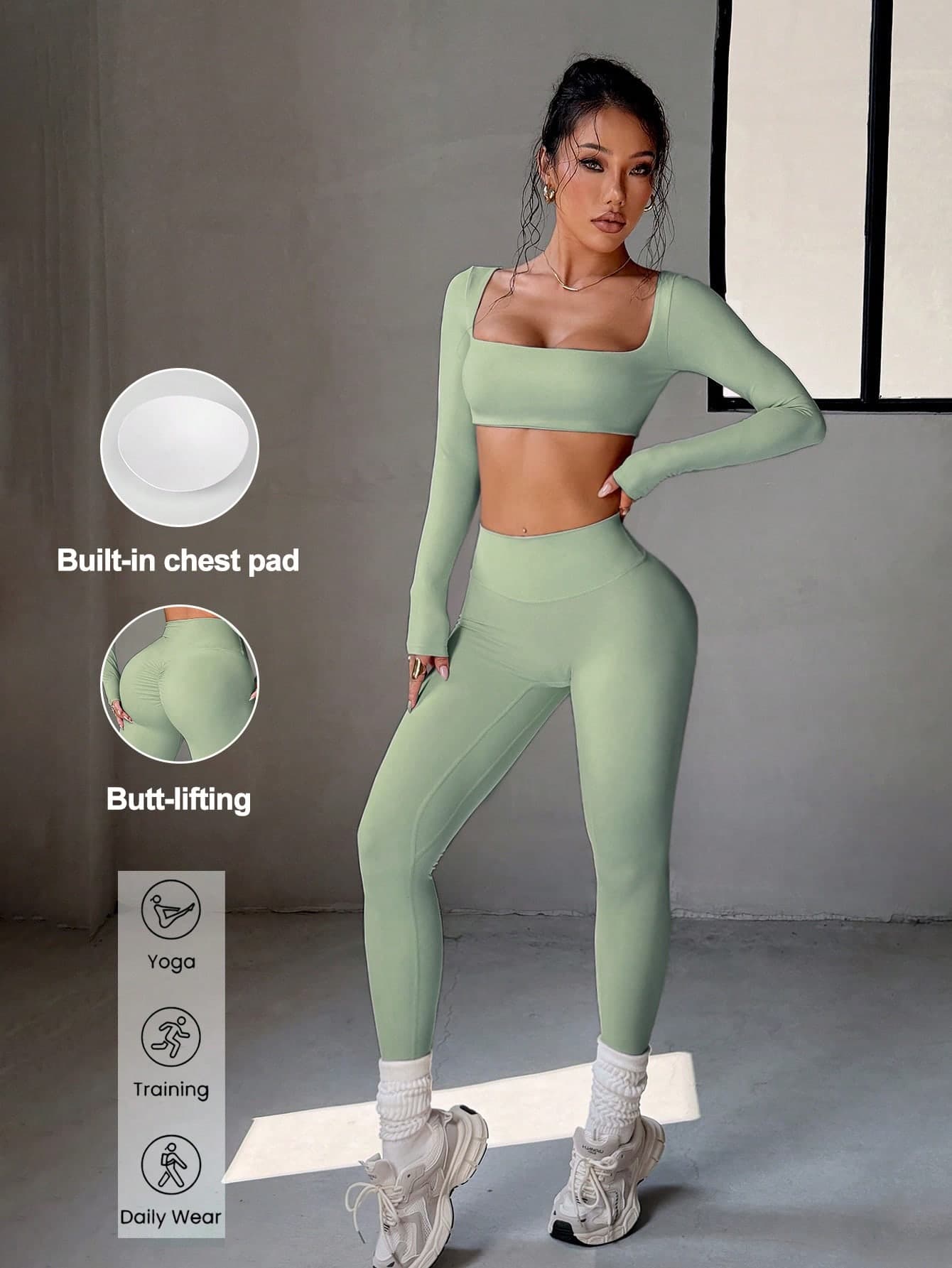 Aoqta Sports Women's Casual 2 Pieces Set,Long Sleeve Crop Top With Chest Pads & High Waist Tummy Control Leggings,For Yoga,Running,Workout,Daily