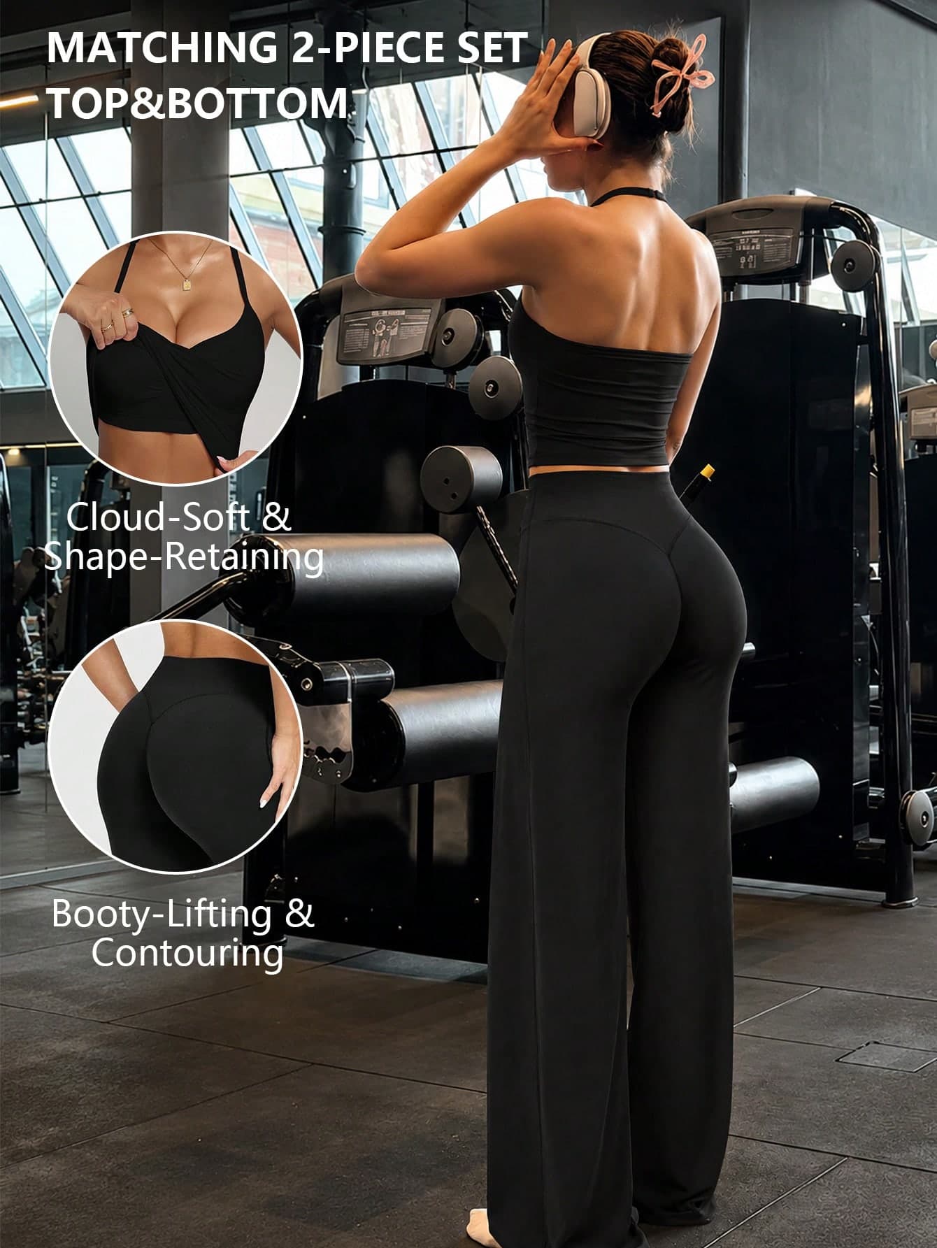 Women's Spaghetti Strap Pleated Cropped Camisole Top + High Waist Wide Leg Pants 2-Piece Solid Color Slim Fit Set Sports
