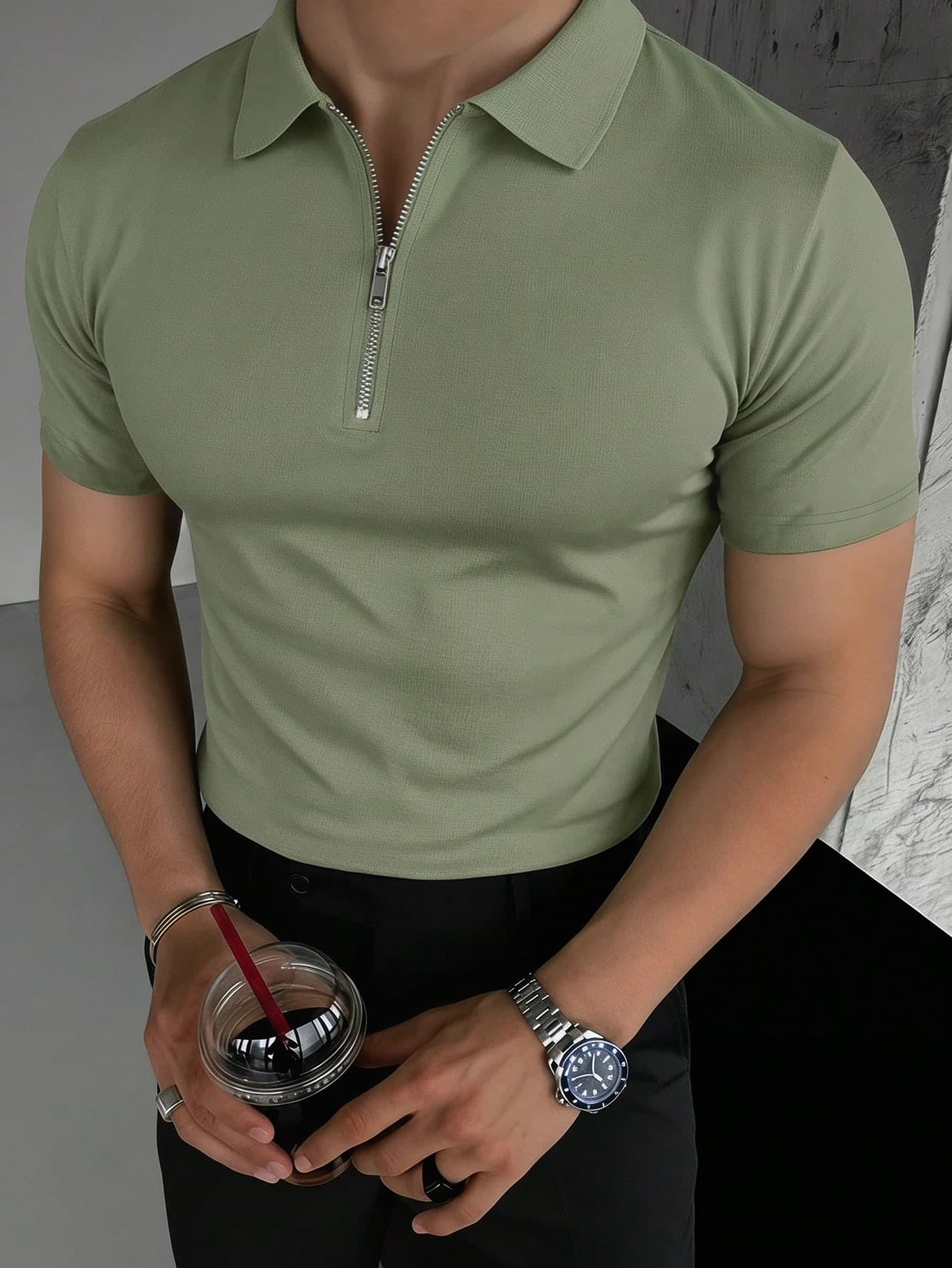 Men's Solid Color Half-Placket Casual Versatile Commute Short Sleeve Polo Shirt
