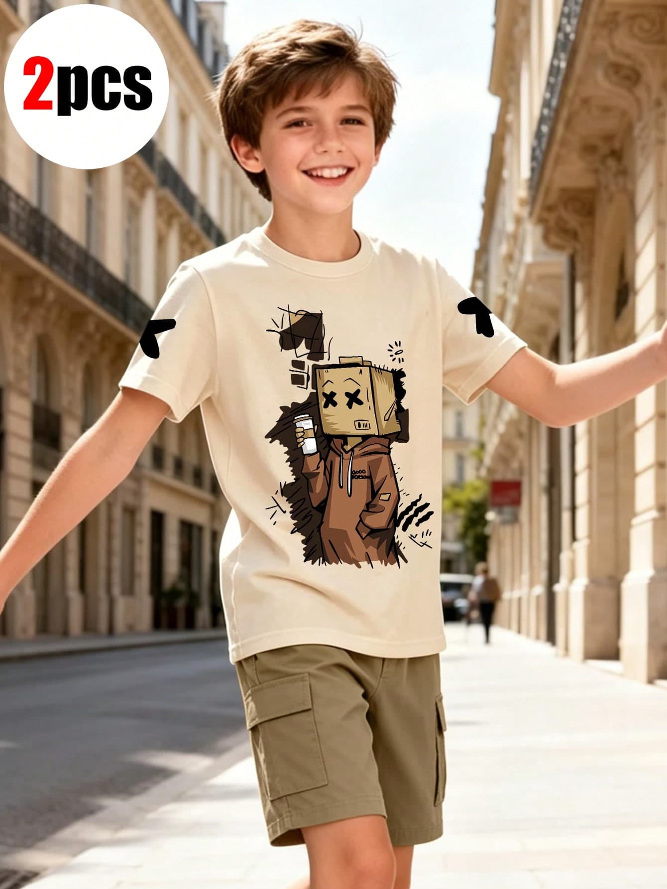 2pcs Boys Set Crew Neck Short-Sleeve T-Shirts With Carton Character Patterns And A Pair Of Simple Casual Cargo Shorts, New Summer Comfortable Set