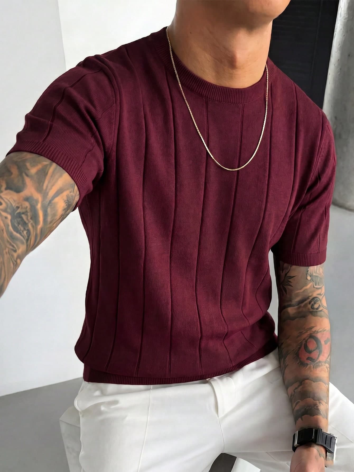 Men's Spring/Summer Ribbed Crew Neck Lightweight Loose Fit Short Sleeve Knit Sweater