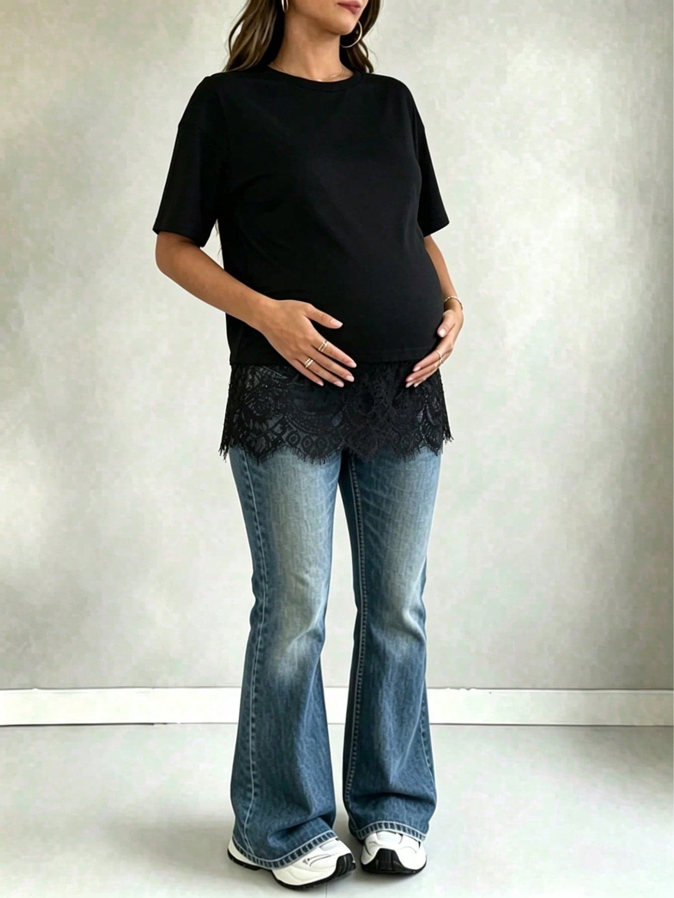 Parara Maternity Open Shoulder Short Sleeve Top, Contrast Lace Trim, Regular Length, Medium Stretch Fabric, Maternity T-Shirt Black Summer