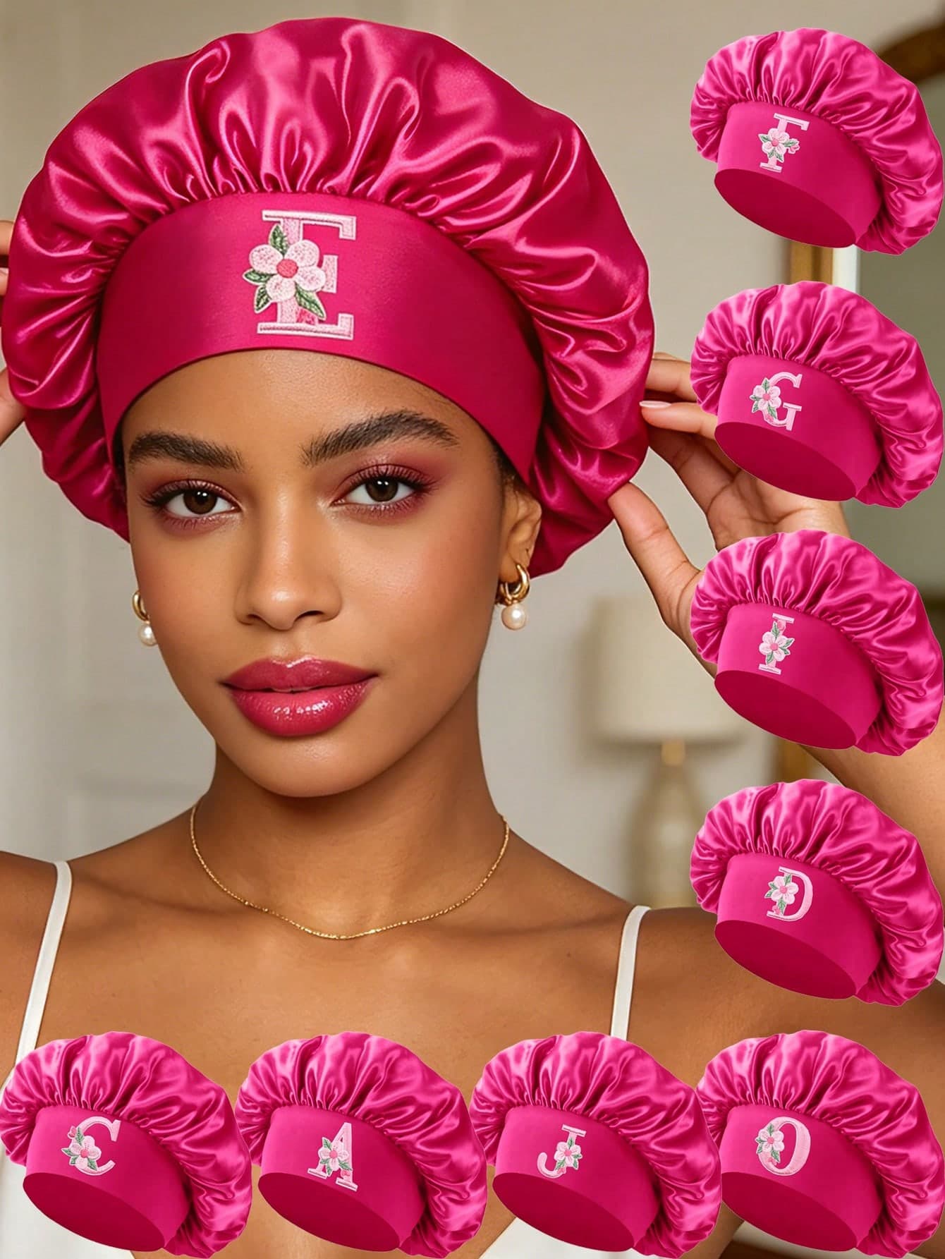 1pc Rosered Satin Sleeping Cap, Lightweight Hair Care Cap,A-Z Letter Print Satin Sleep Bonnet Large Bonnet Wide Elastic Band Silky Hair