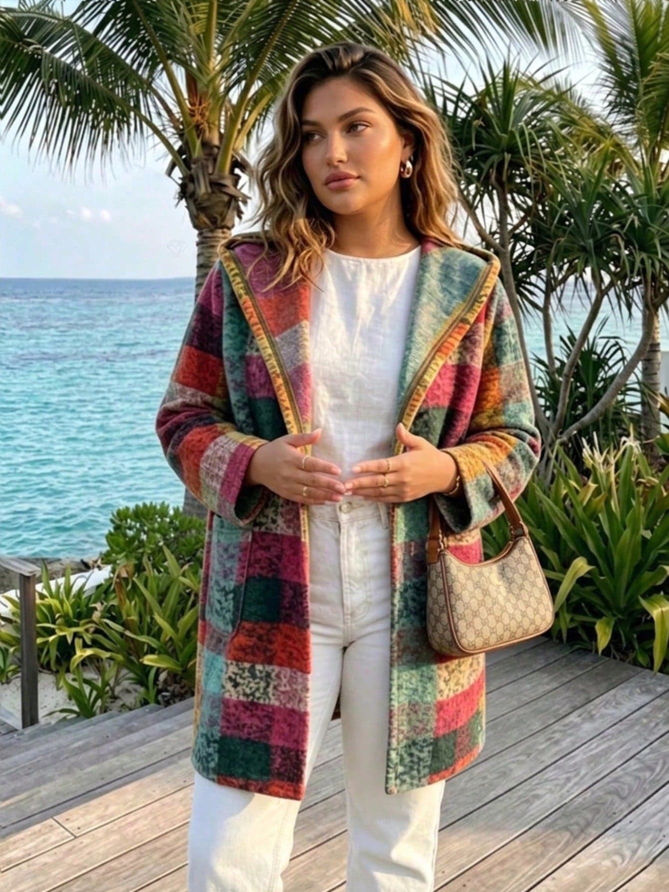 Plus Size Women Autumn/Winter Long Sleeve Pocket Asymmetrical Plaid Print Hooded Open Front Jacket, Colorful Plaid Boho Fashionable Casual Street Wear Coat Spring