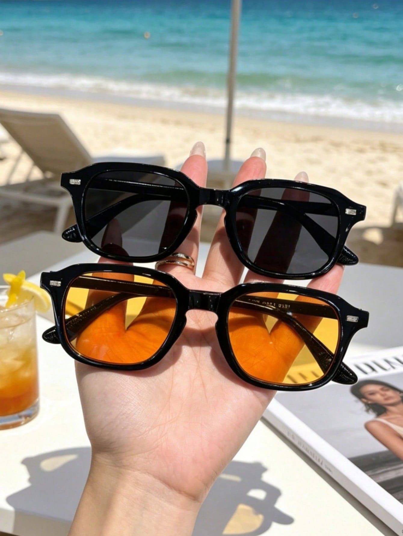 2pcs Men's Multi-Color Combination Square Studded Small Frame Fashion Glasses, Made Of High-End Polycarbonate Material, Prevent Glare From Sunlight, Y2K Style, Summer, Suitable For Travel Wear, Beach Accessories, Party Outfit, Street Selfie, Holiday Essential