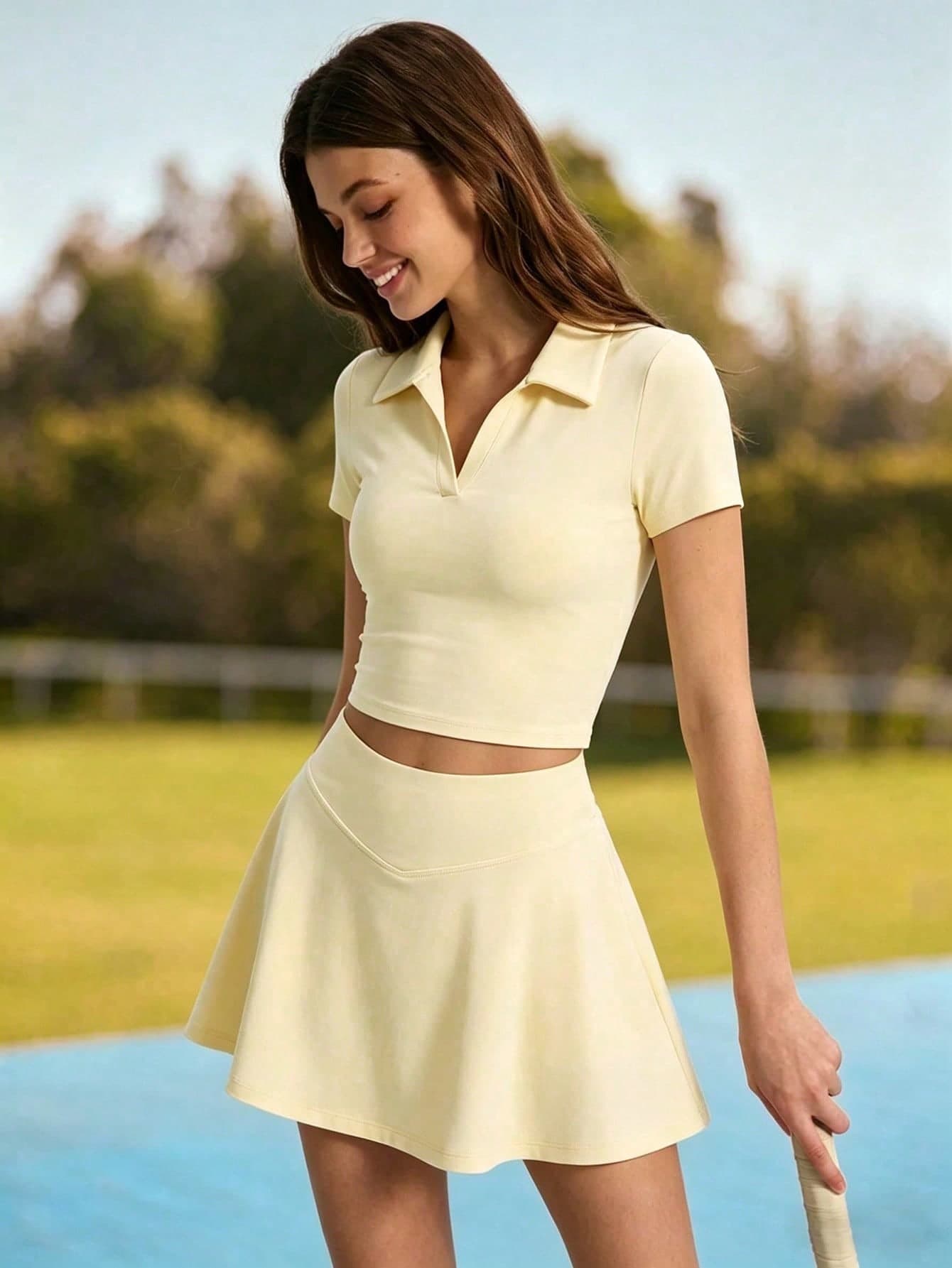 Women's Spring/Autumn Sports Tennis Skirt Set – Polo Collar Short-Sleeve Slim Fit Cropped Top & Built-In Shorts Skirt, Suitable For Outdoor Gym, Golf, And Running