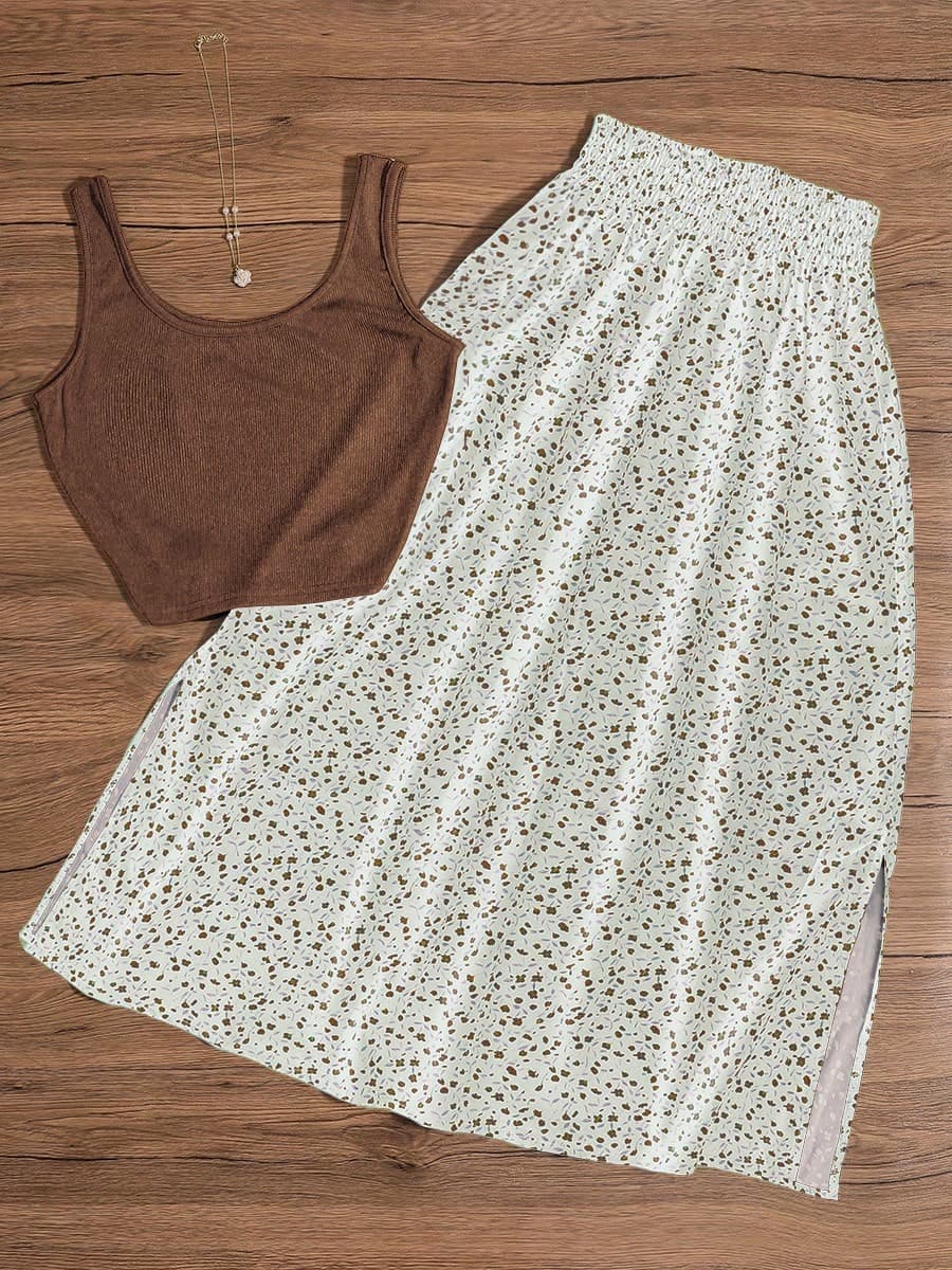 Elegant Women's Pleated Ditsy Floral Maxi Skirt And Round Neck Cropped Top 2-Piece Set, Comfortable And Fashionable Outfit White Vacation Summer, Boho Chic