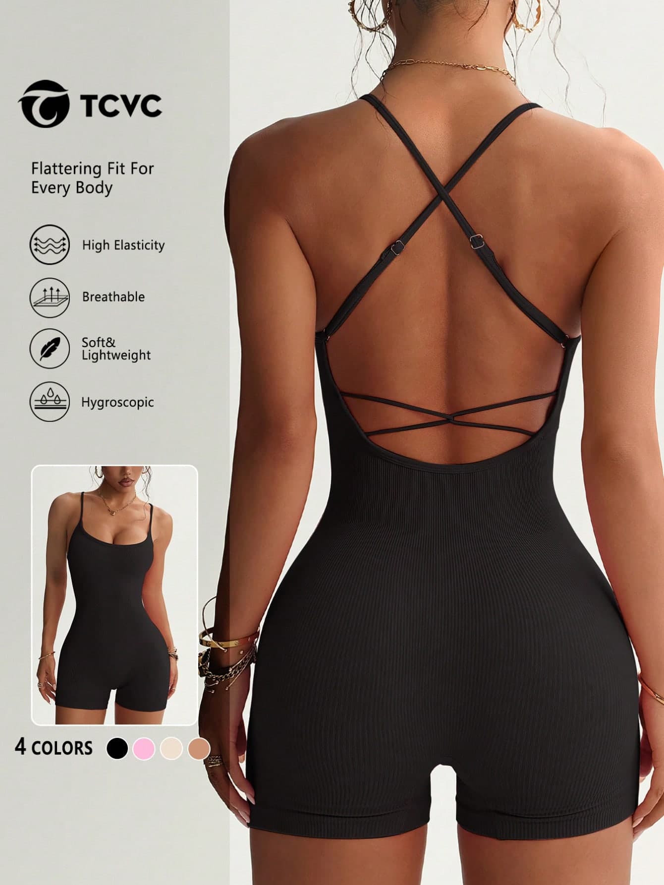 TCVC Women's Solid Color Open Back Sports Jumpsuit, Breathable & Comfortable Sleeveless Camisole With Tight Shorts, Suitable For Yoga, Gym Workout, 4 Seasons Black Summer