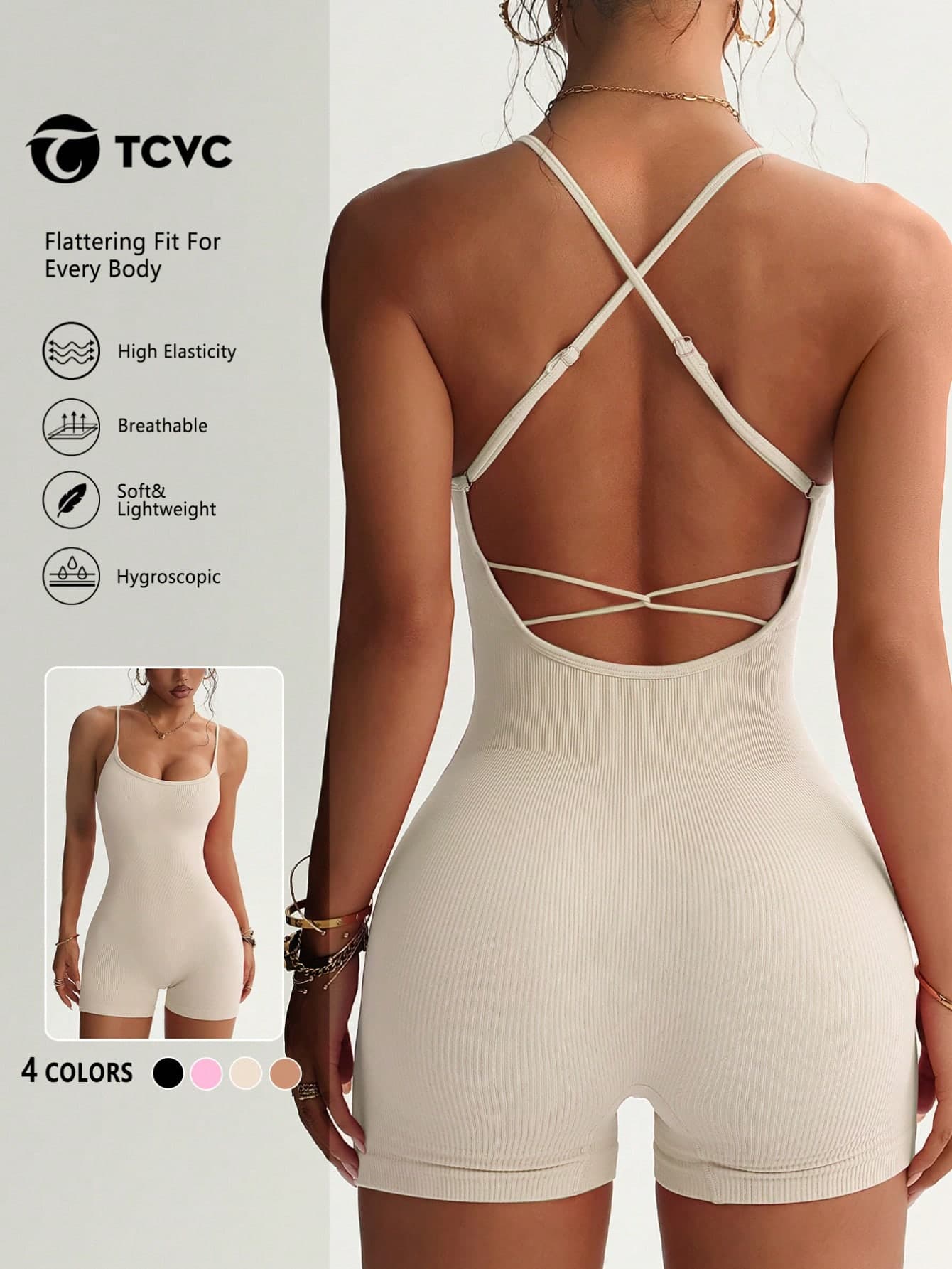 TCVC Women's Solid Color Backless Sports Jumpsuit - Breathable & Comfortable Sleeveless Camisole Jumpsuit, Suitable For Yoga, Gym Workout, All Seasons Shapewear Jumpsuit White Summer