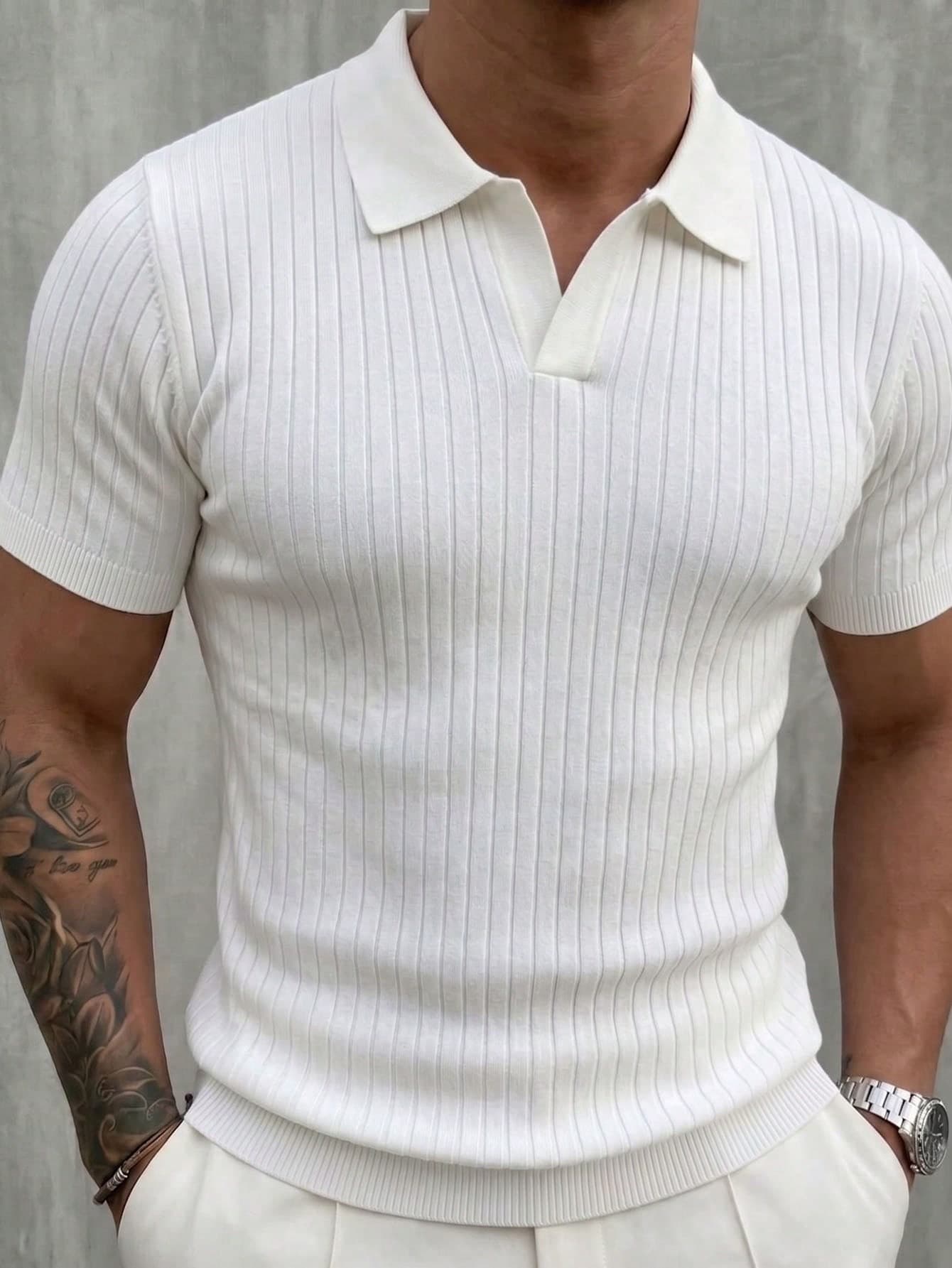 Men's Fashionable Lightweight Ribbed Airplane Collar Polo Knit Shirt, Short Sleeve, Summer