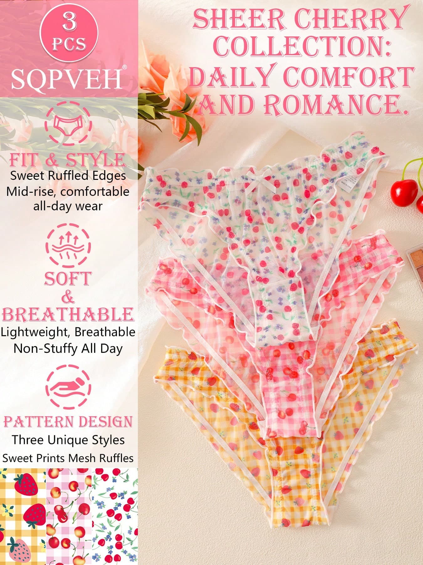SQPVEH 3-Pack Comfortable Fruit Print Semi-Transparent Mesh Fabric Ruffled Women's Briefs