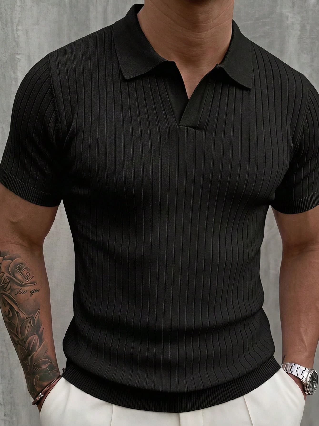 Men's Classic Ribbed Knit Polo Short Sleeve Shirt, Solid Color, Suitable For Summer Outings, Fashion Essential