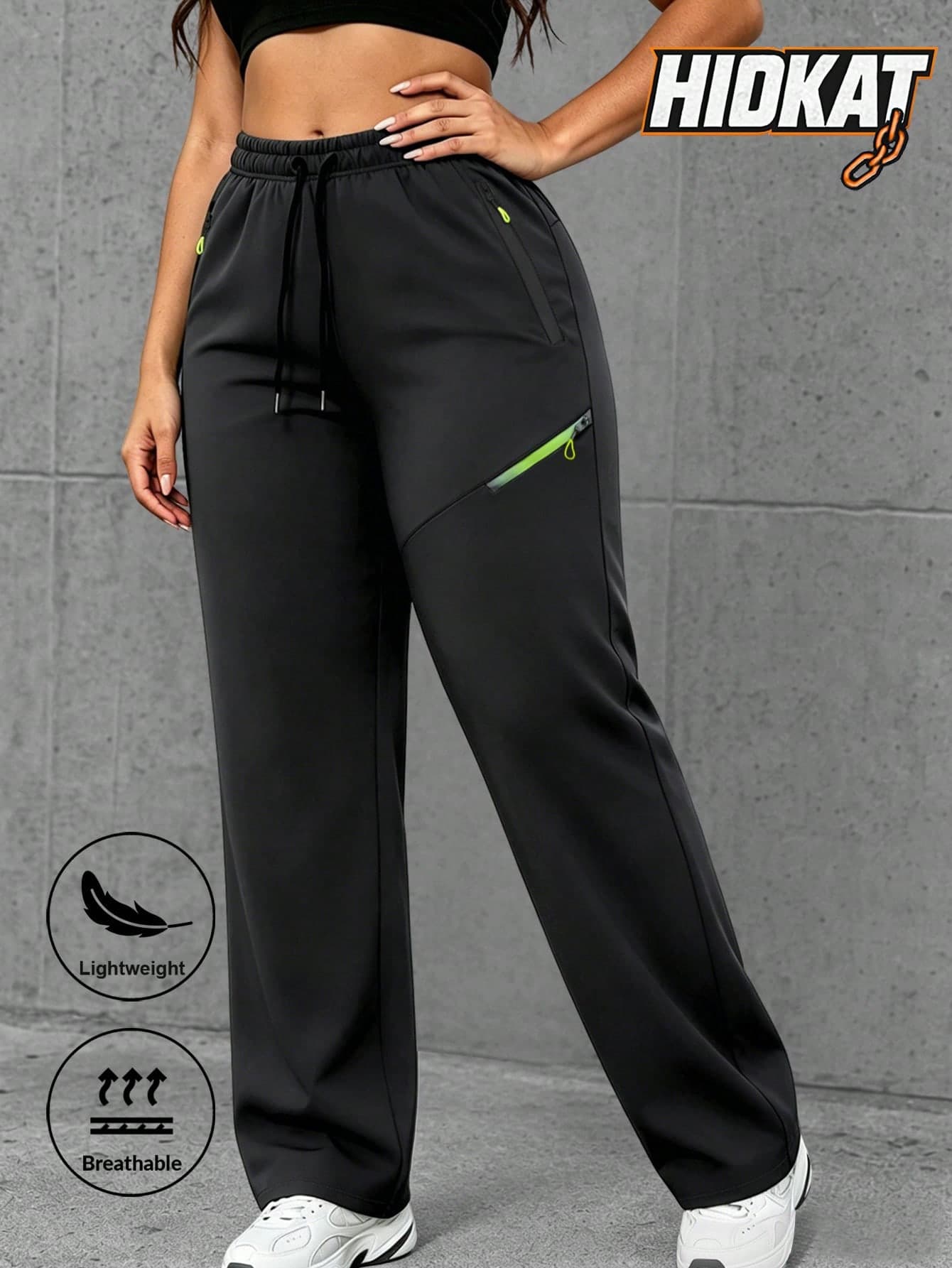 Hidkat Women's Spring/Autumn Minimalist Solid Color Casual Straight Leg Pants With Multiple Zipper Pockets And Drawstring Waist, Suitable For Outdoor, Casual, Sports, Running