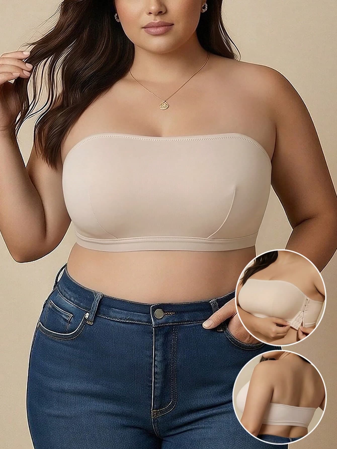 Summer Peach Pink Strapless Plus Size Women's Curvy Vacation Style Push-Up Semi-Fitted Bra Lingerie