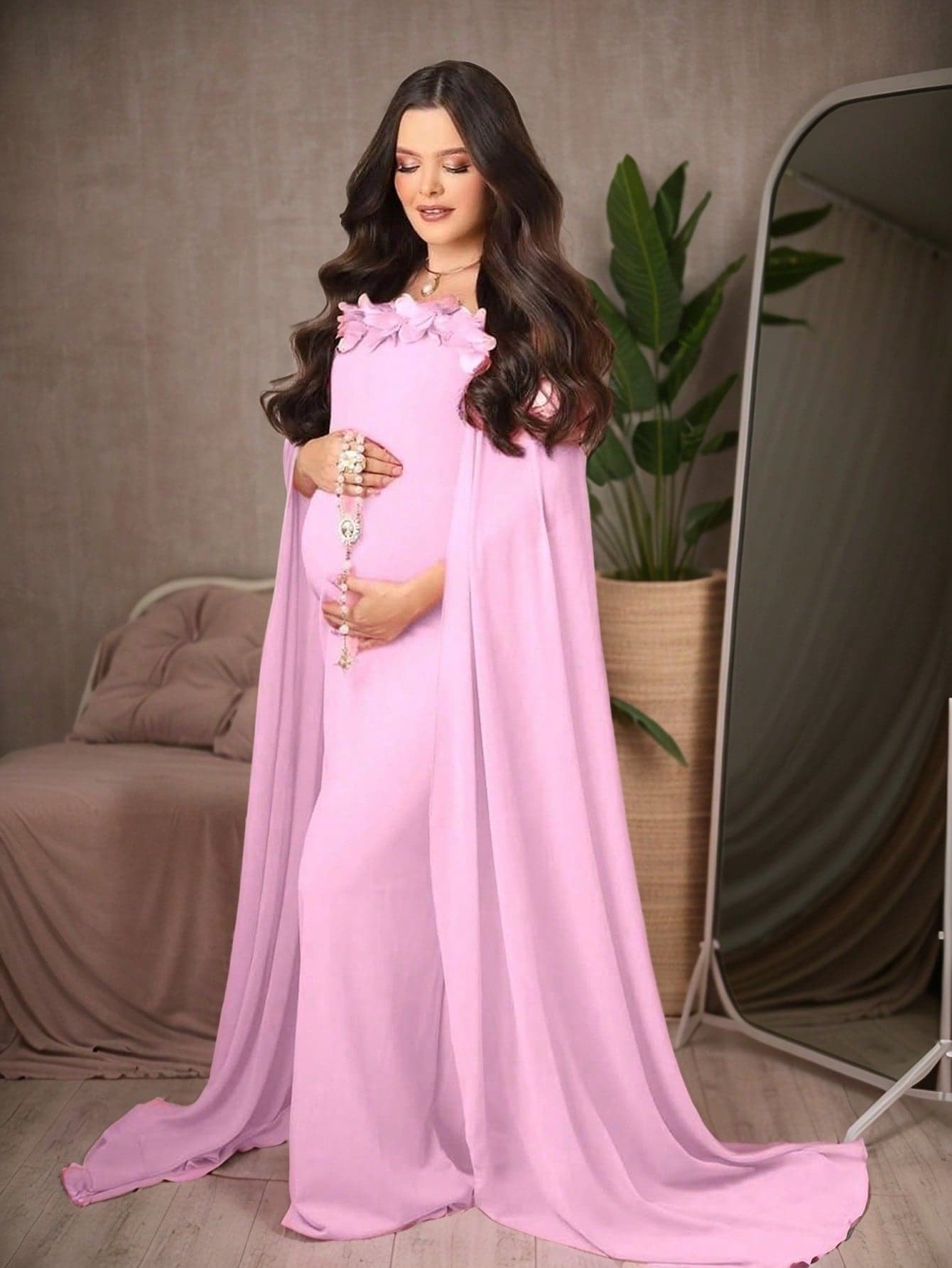 JustVH Maternity Elegant Open Shoulder Floral Applique Fitted Chiffon Dress With Shawl, Suitable For Baby Shower Photo Props Spring