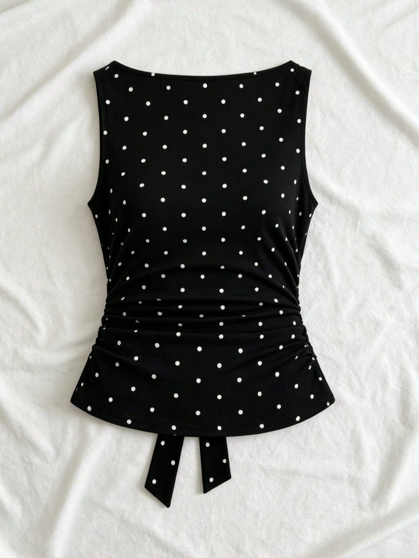Women's Fashion Plunging Neck Tie Polka Dot Ruched Bandeau Top Casual Black Summer