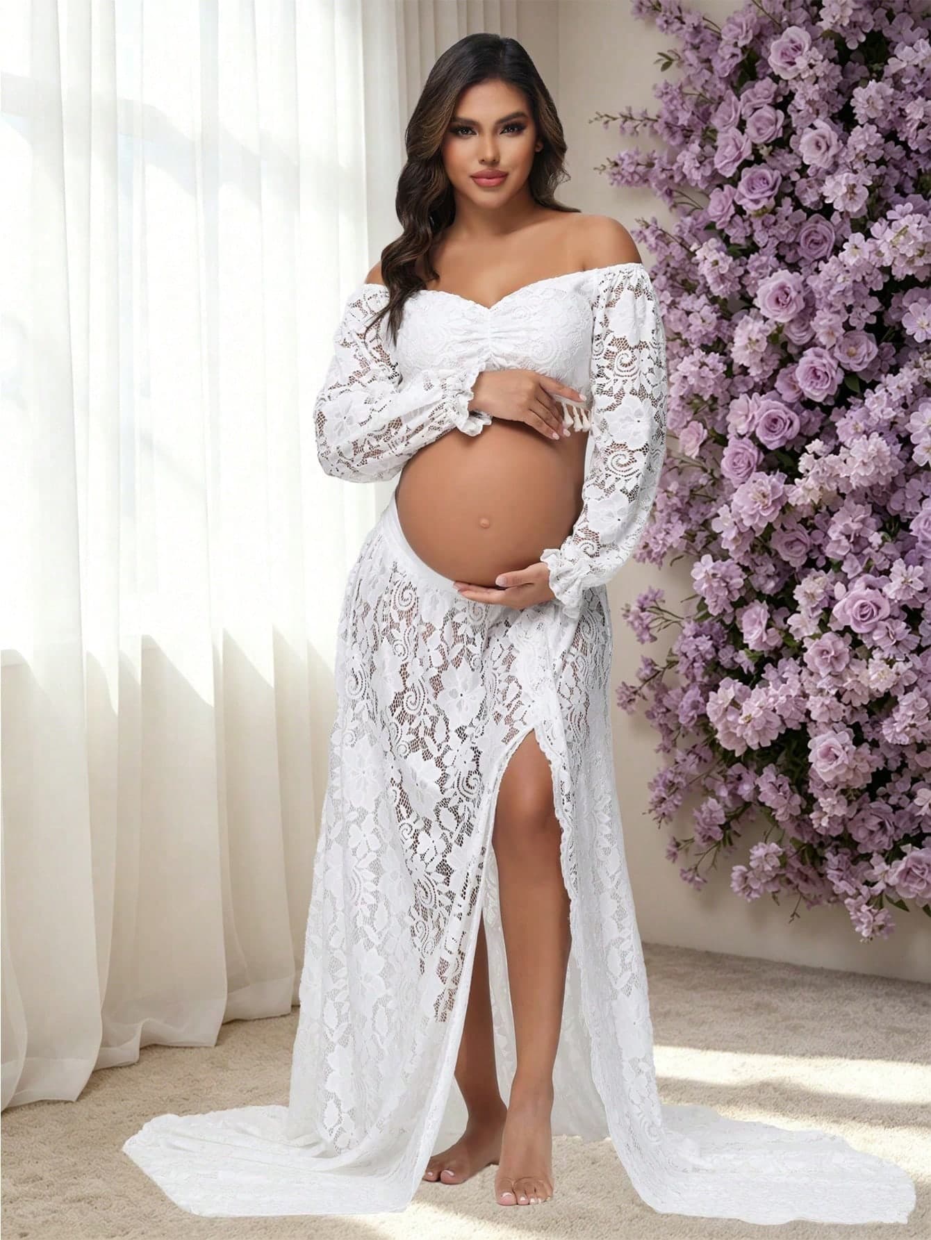 Maternity 2 Pcs/Set Lace Off Shoulder Top Tassel Ruffle Sleeves & Slit Skirt For Photoshoot Baby Shower White