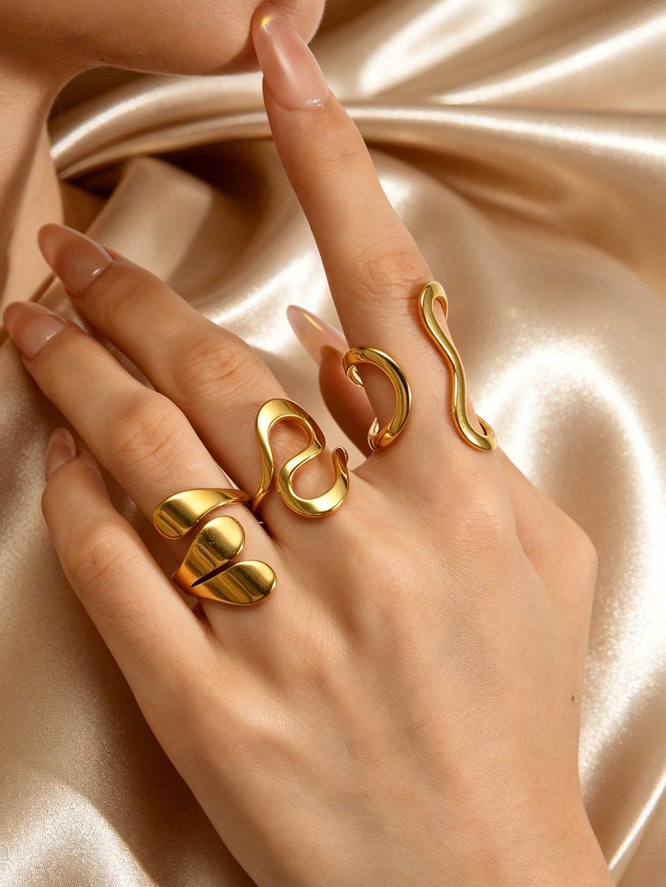 3pcs Summer Elegant Stainless Steel Wing-Shaped Geometric Hollow Curved Women's Ring Set, Suitable For Daily Wear, Date, Holiday Accessories, Open Adjustable