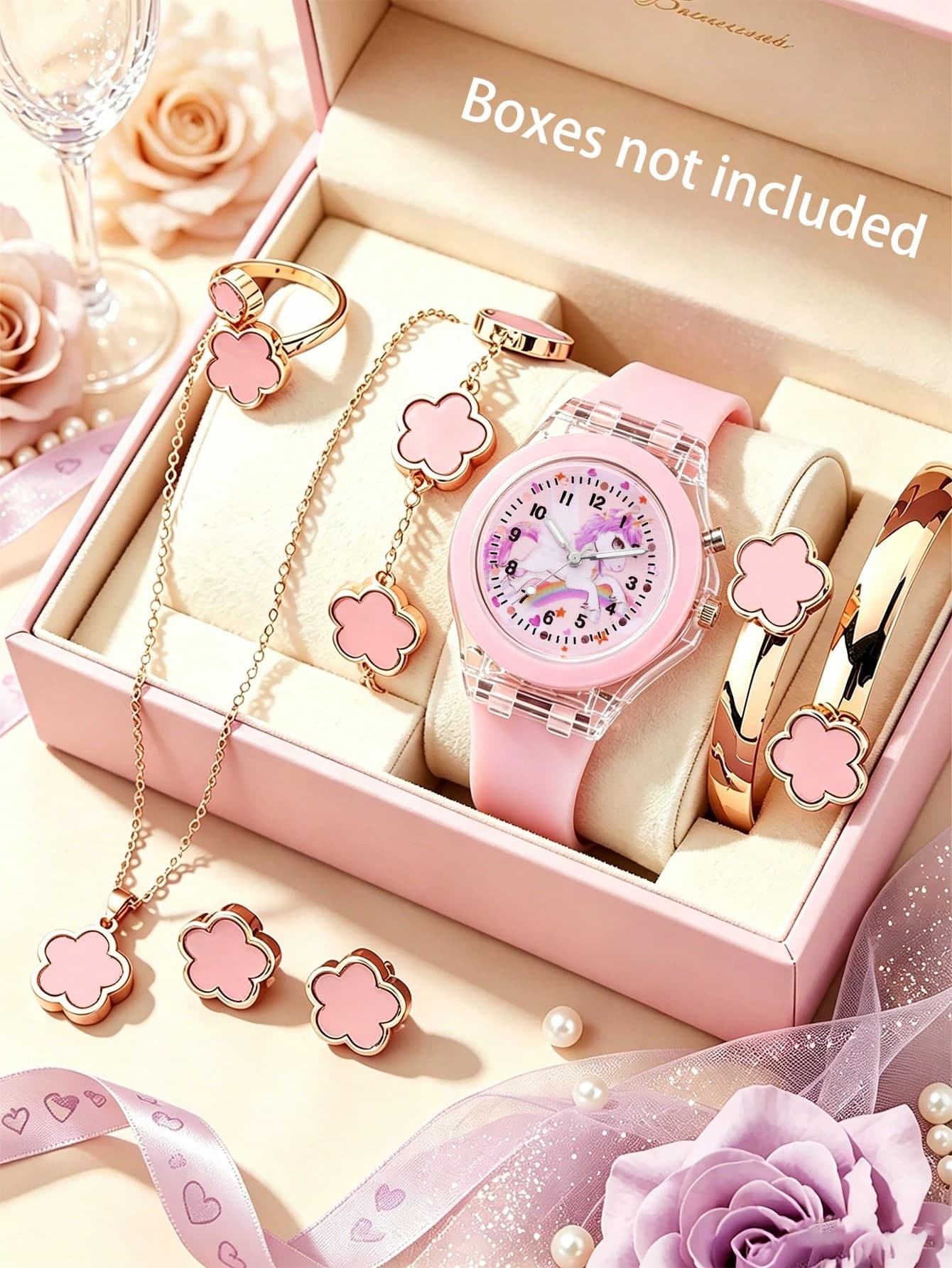 7pcs Set New Cute Girls Silicone Watch Digital Display Unicorn, Rainbow Horse Pattern Decoration LED Glowing Night Light And Five-Leaf Clover Pink Jewelry Accessories, Suitable For Daily Wear, Back To School, Valentine's Day, Mother's Day, New Year, Sports, Holiday Gifts