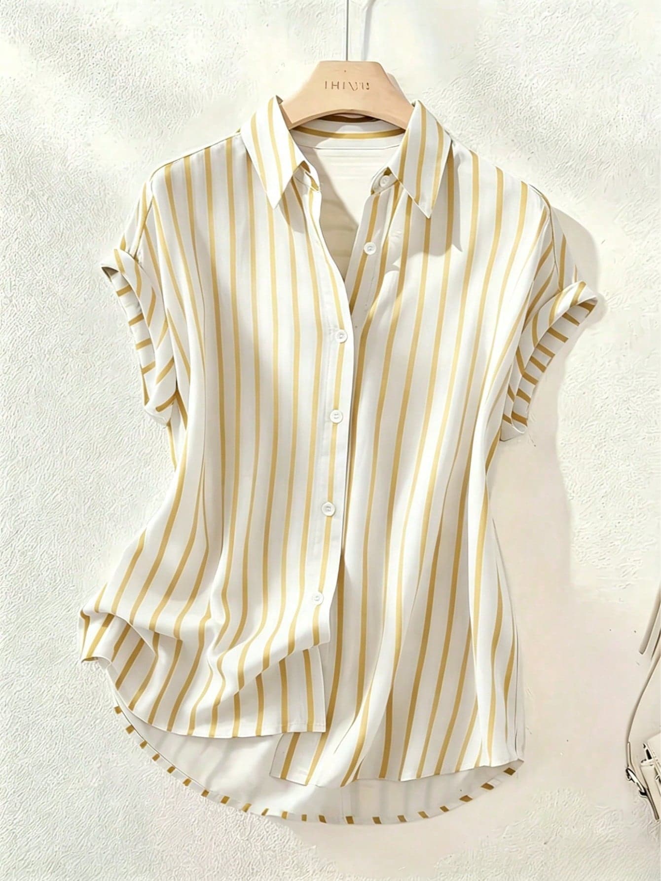 Women's Casual Fashion Striped Polyester Shirt With Button Front Collar, Short Batwing Sleeves And Regular Length With Front Short Back Long Design. Back To School Season Daily Outfit