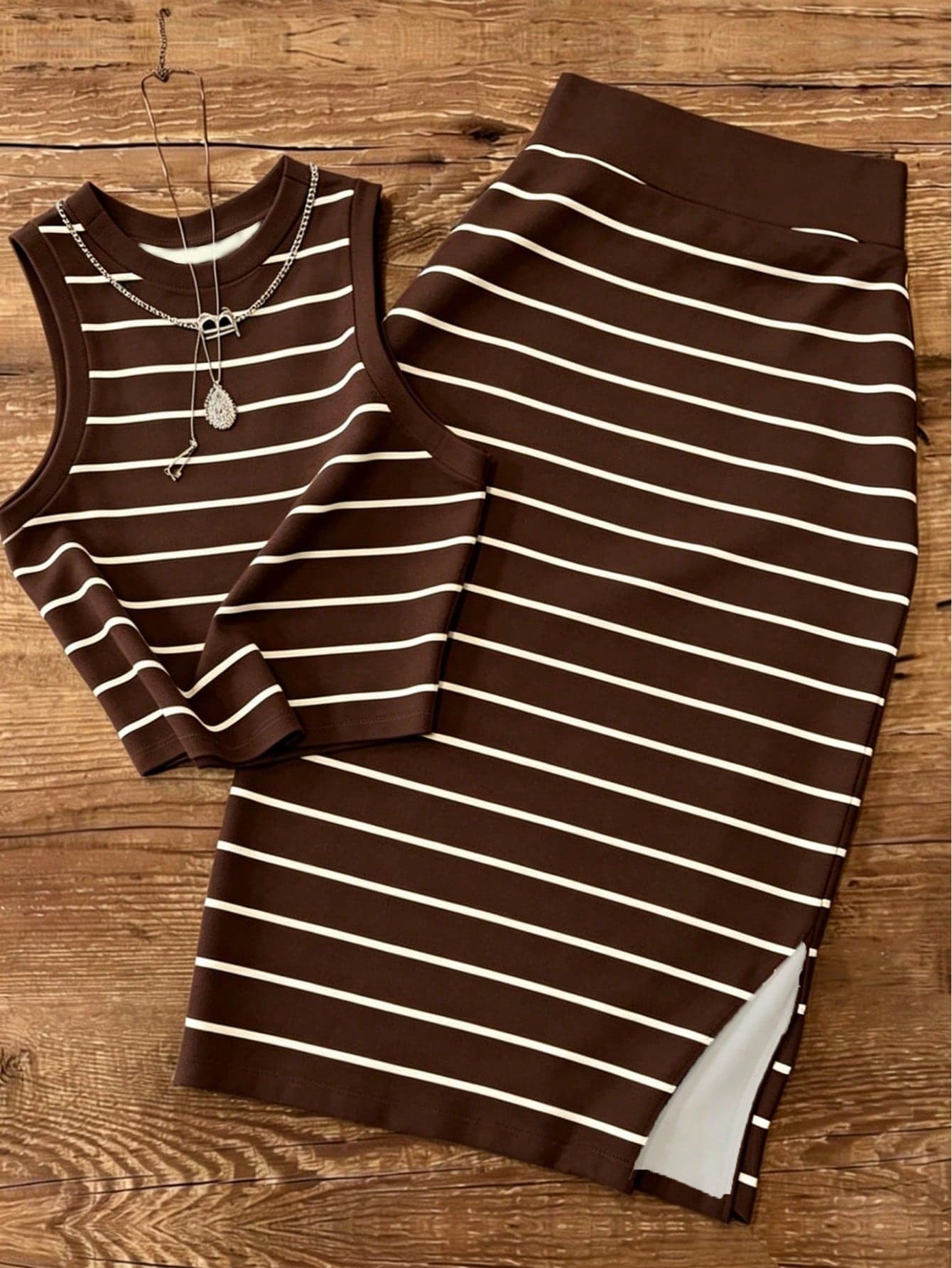 UREREM Women's Striped Colorblock Casual Elegant Party Ribbed Split Beach Tank Top And Skirt 2-Piece Set Summer